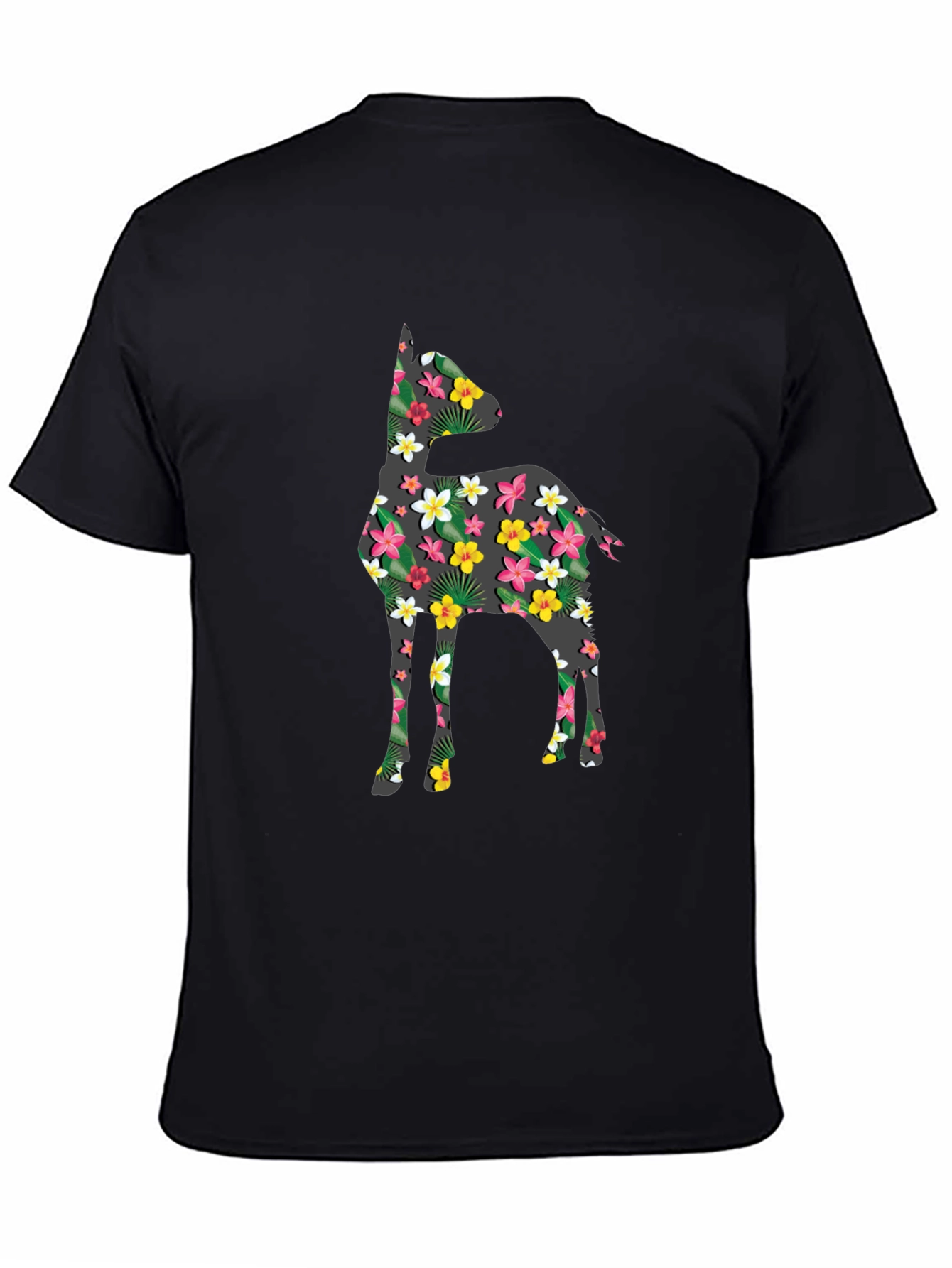 Floral Deer Print Black T-Shirt