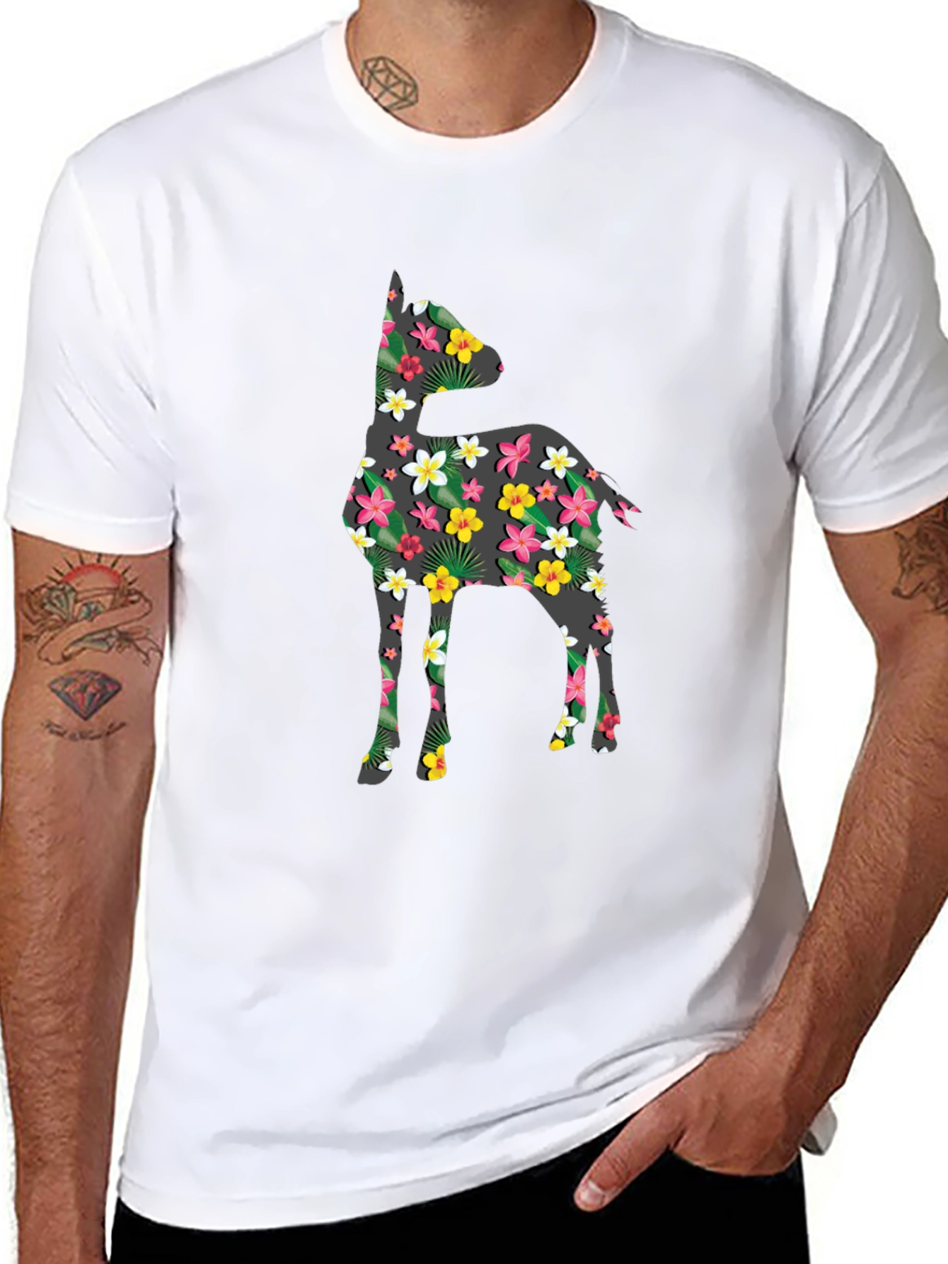Floral Deer Print Black T-Shirt