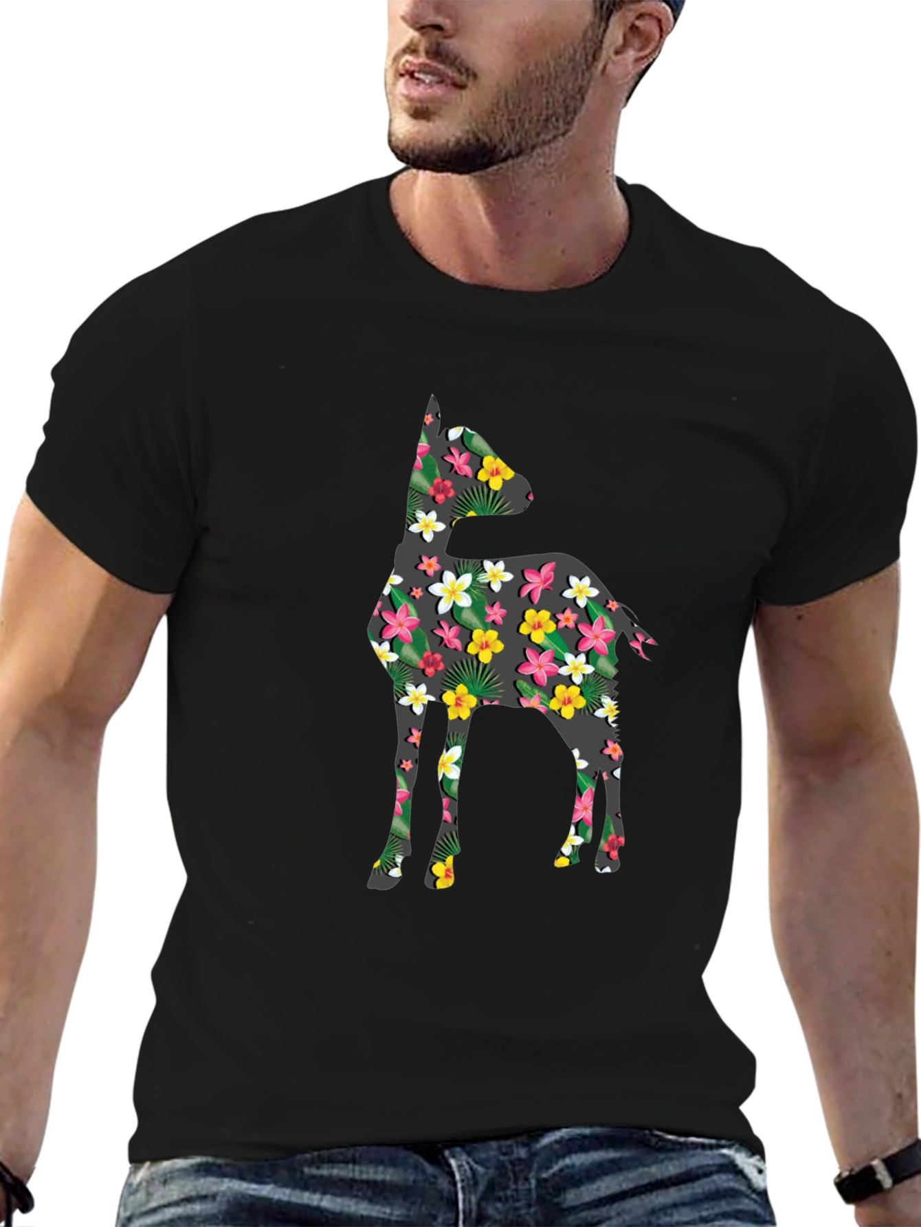 Floral Deer Print Black T-Shirt