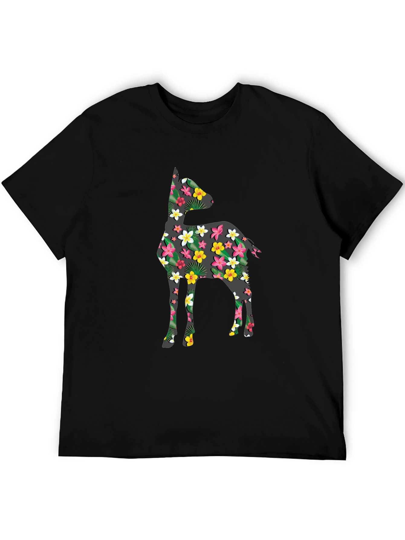 Floral Deer Print Black T-Shirt