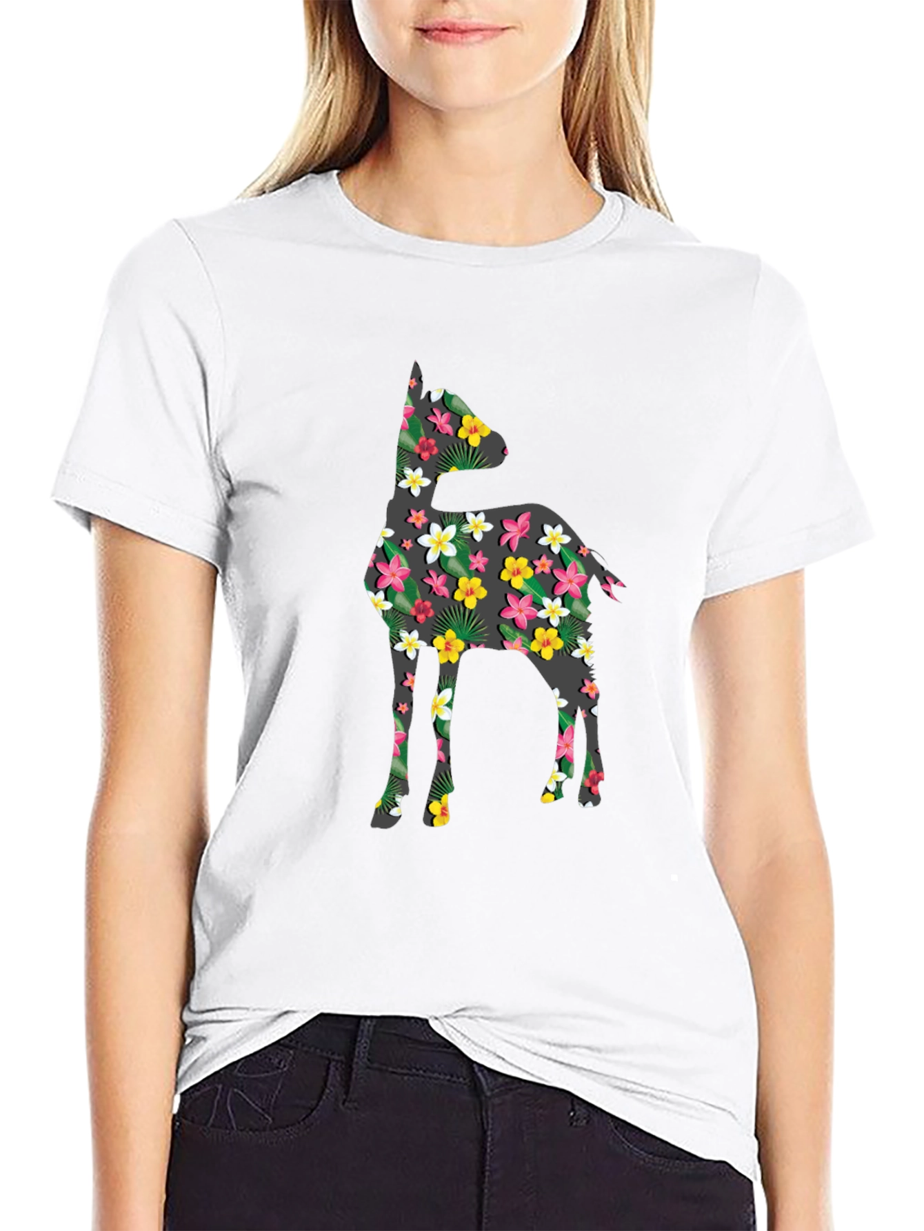 Floral Deer Print Black T-Shirt