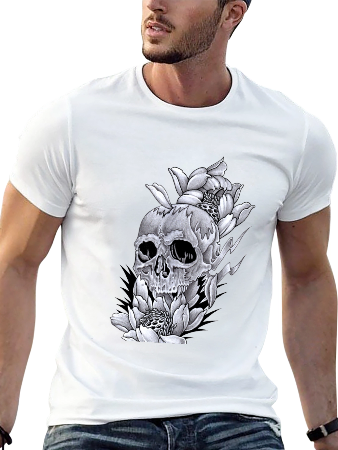 Skull & Flowers Graphic Tee - Black