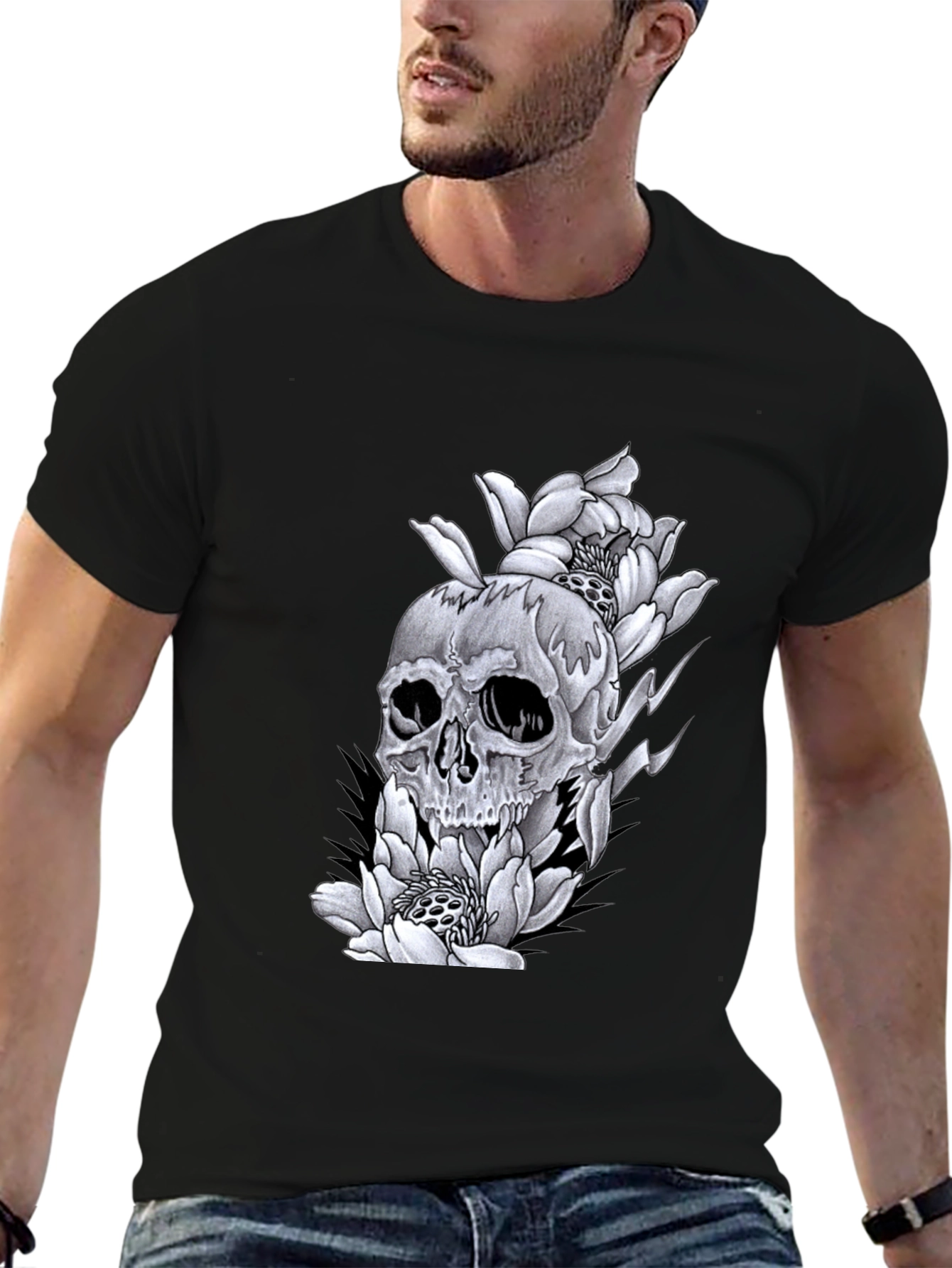 Skull & Flowers Graphic Tee - Black