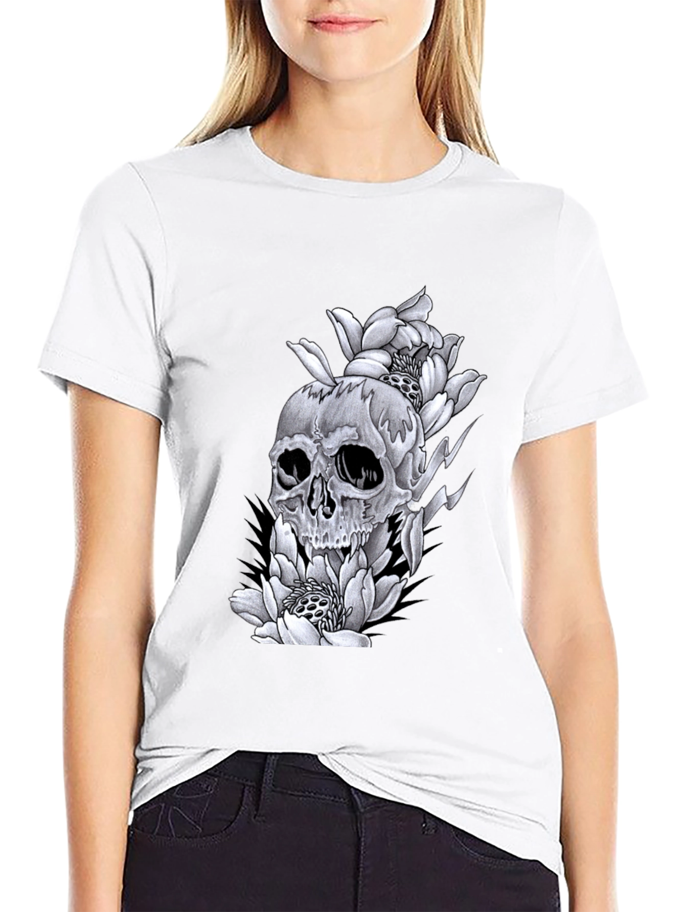 Skull & Flowers Graphic Tee - Black