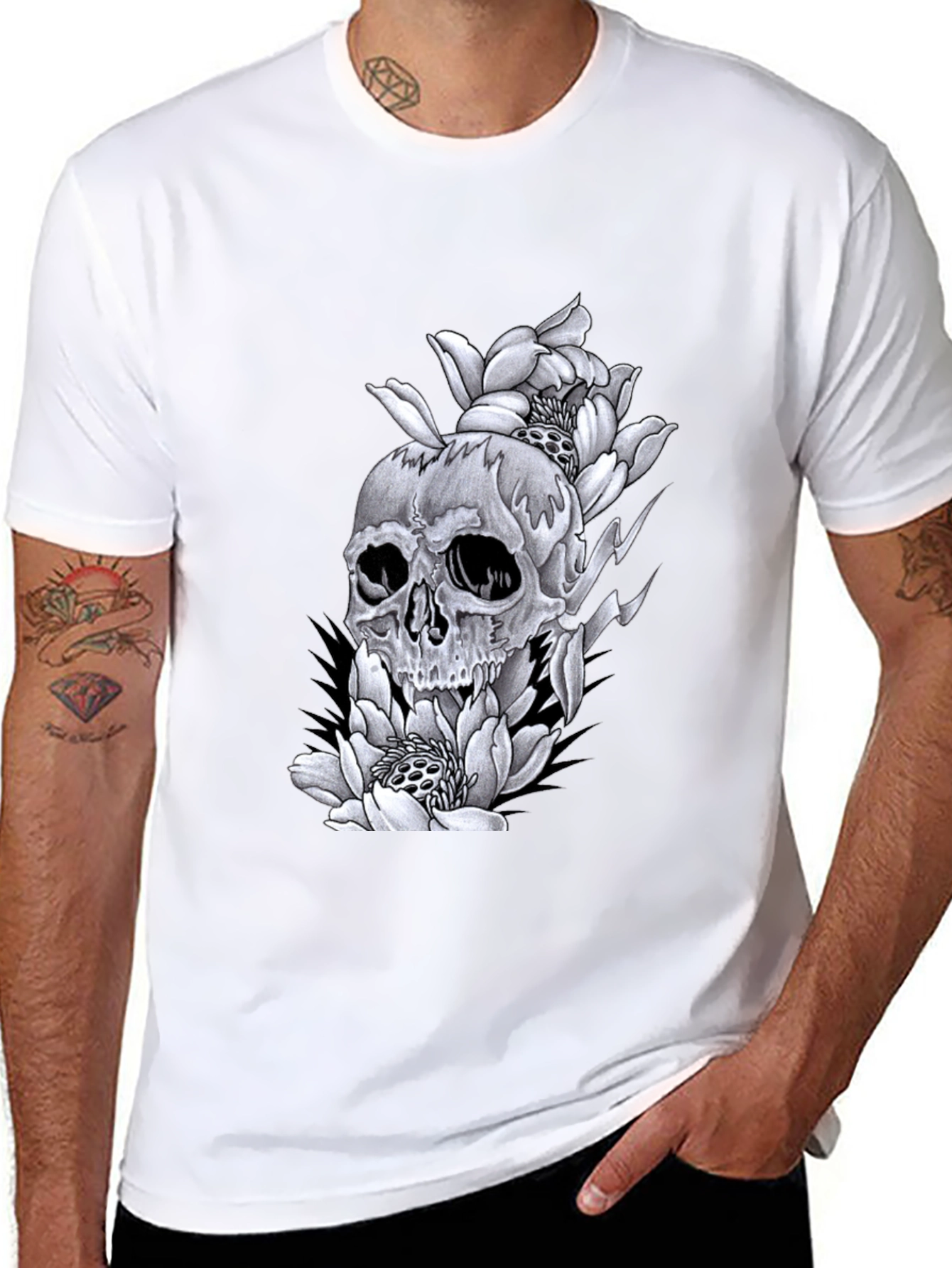 Skull & Flowers Graphic Tee - Black