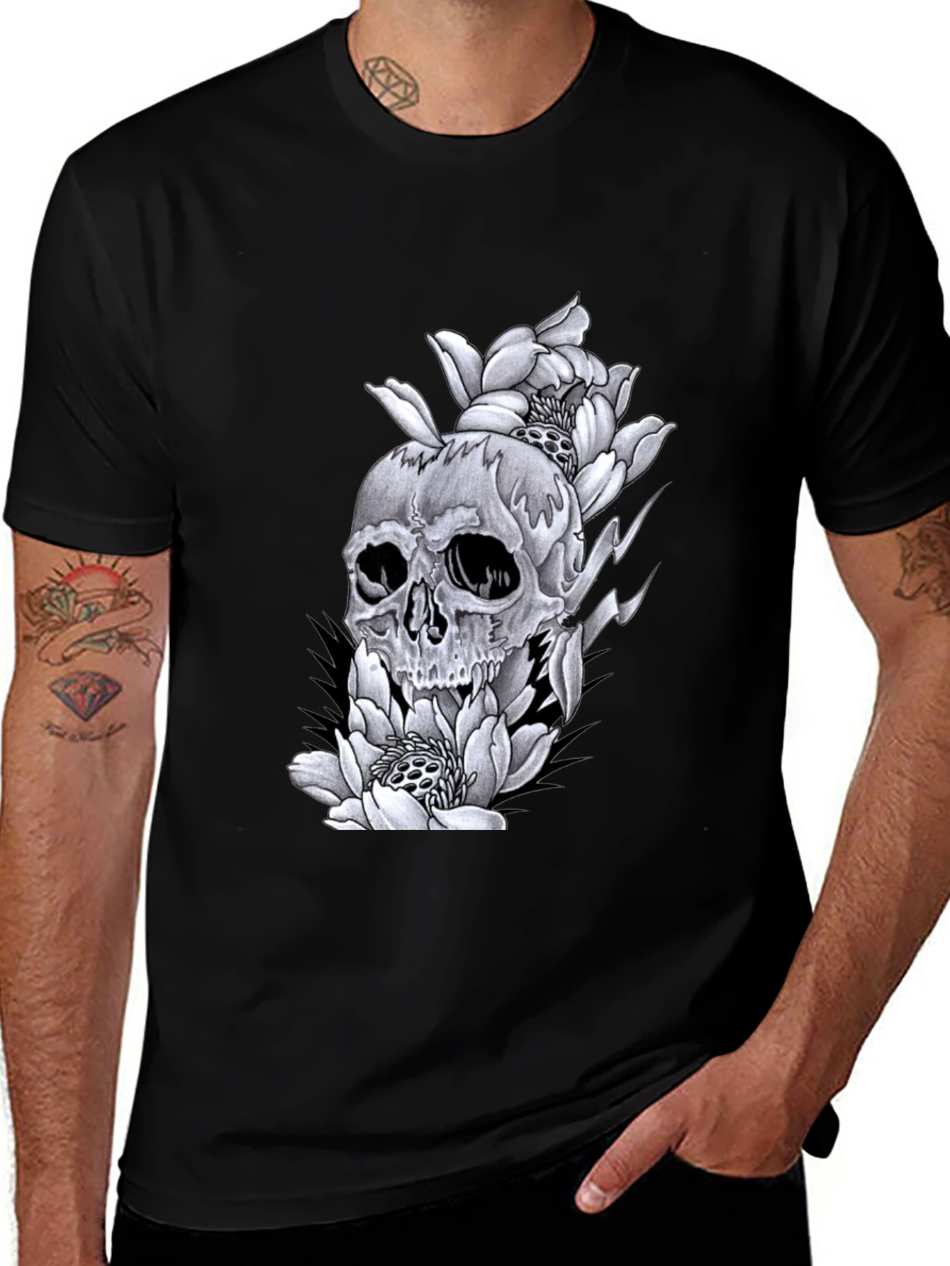 Skull & Flowers Graphic Tee - Black