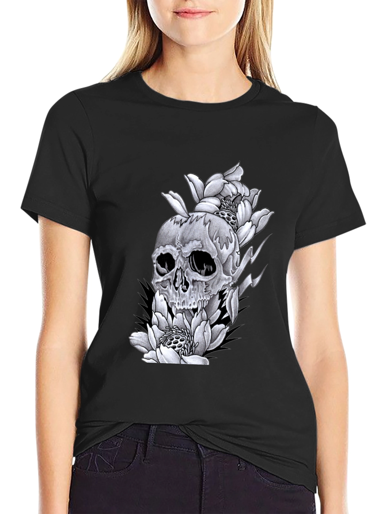 Skull & Flowers Graphic Tee - Black