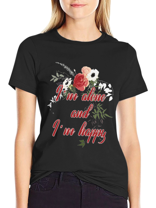 Alone and Happy Floral Graphic Tee - Black