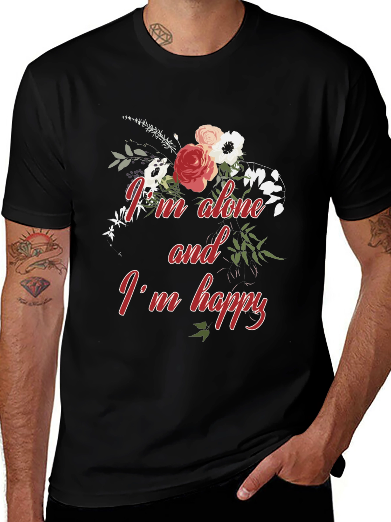 Alone and Happy Floral Graphic Tee - Black