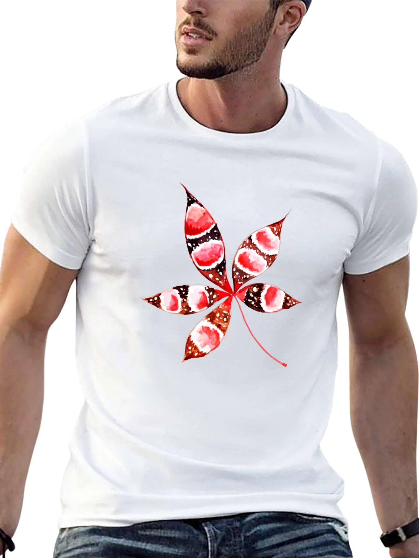 Unique Leaf Print Black T-Shirt