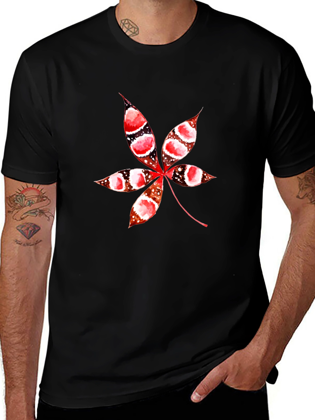 Unique Leaf Print Black T-Shirt