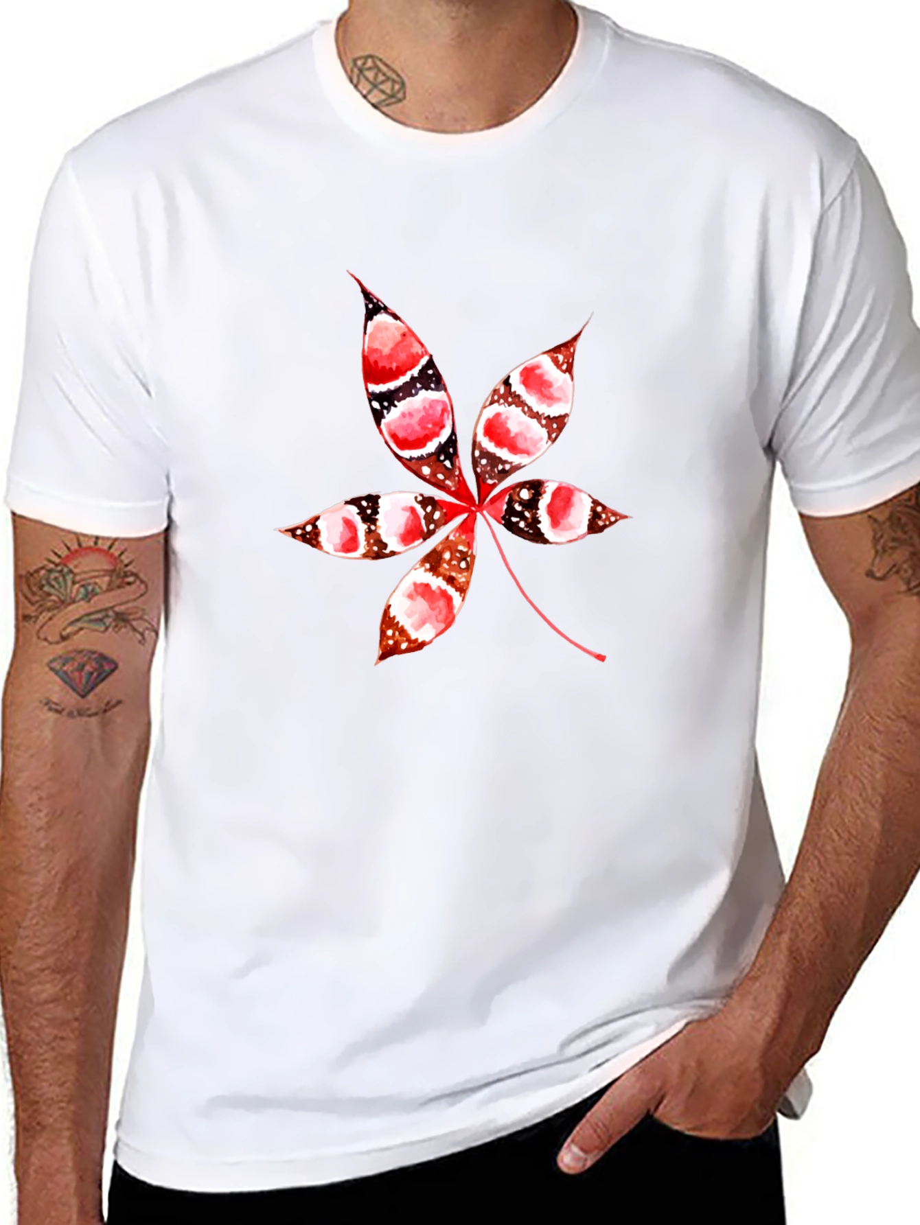 Unique Leaf Print Black T-Shirt