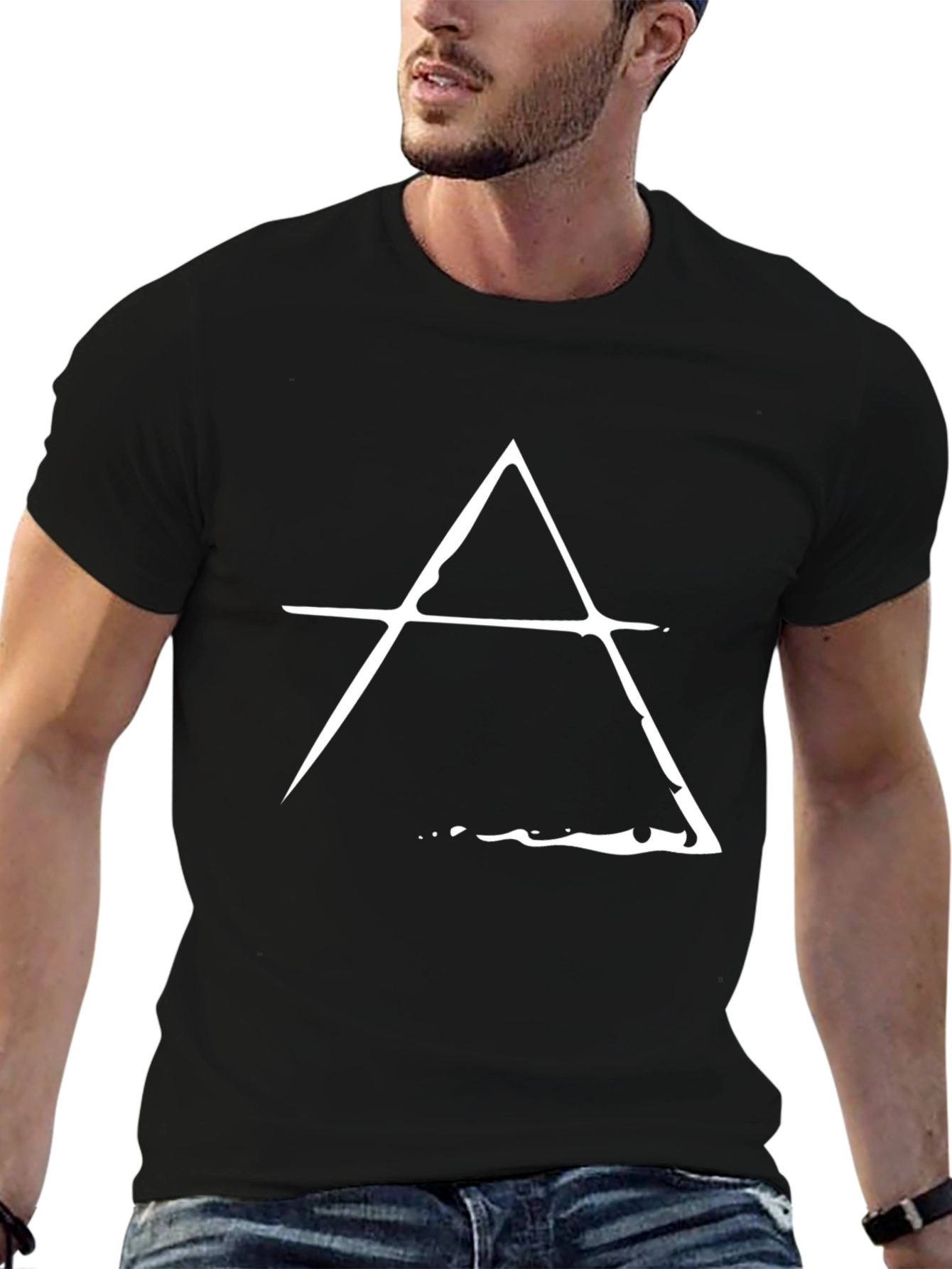 Mens Black T-Shirt with White Triangle Design