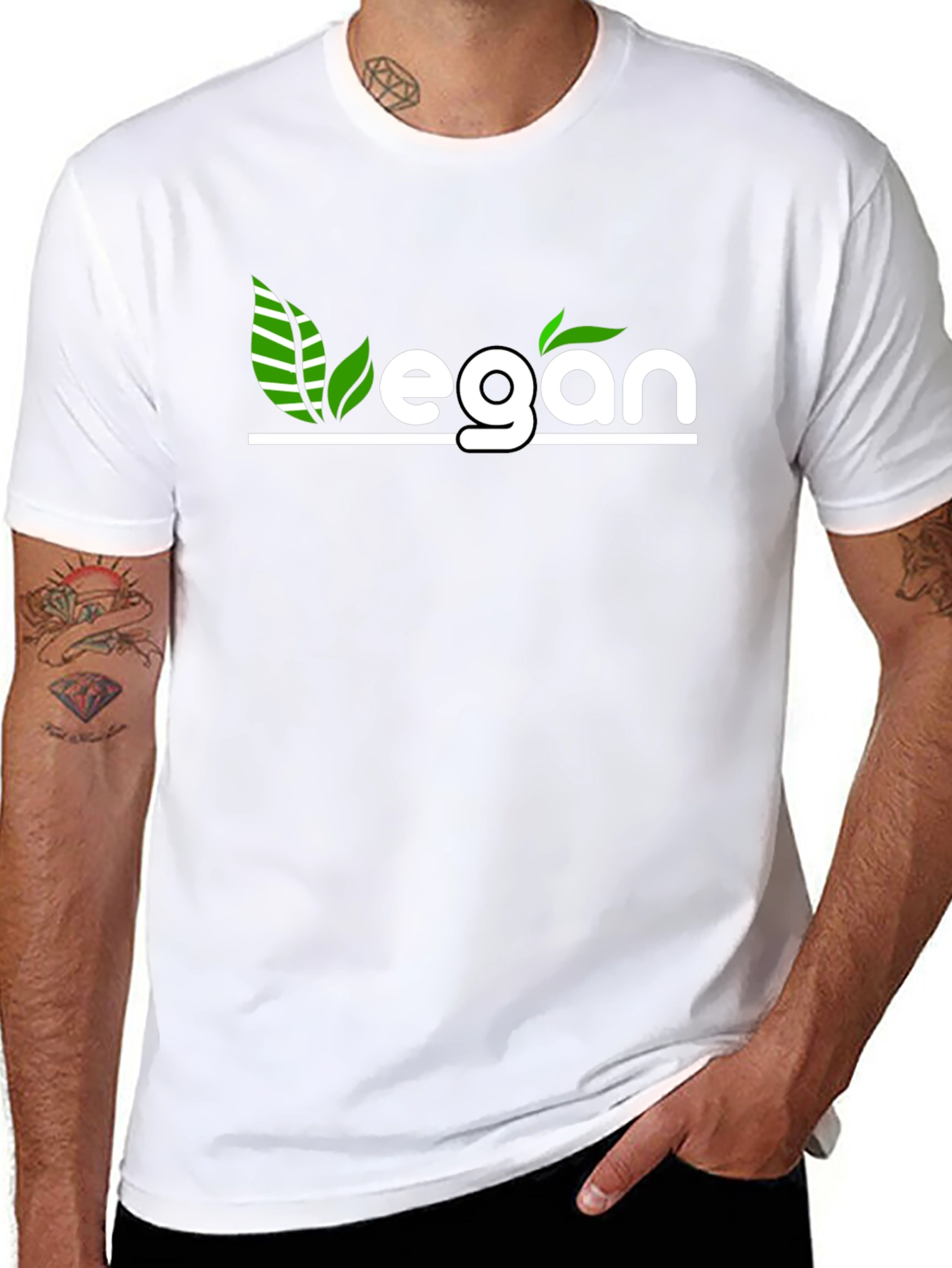 Vegan T-Shirt - Black with Green Leaf Design