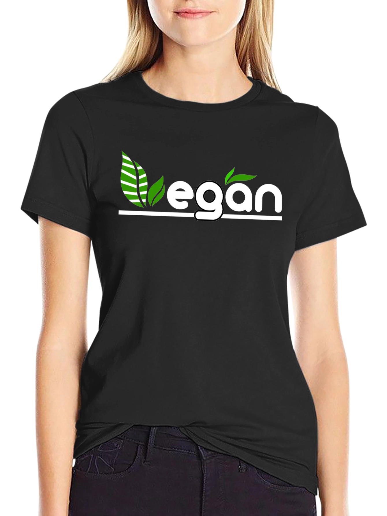 Vegan T-Shirt - Black with Green Leaf Design