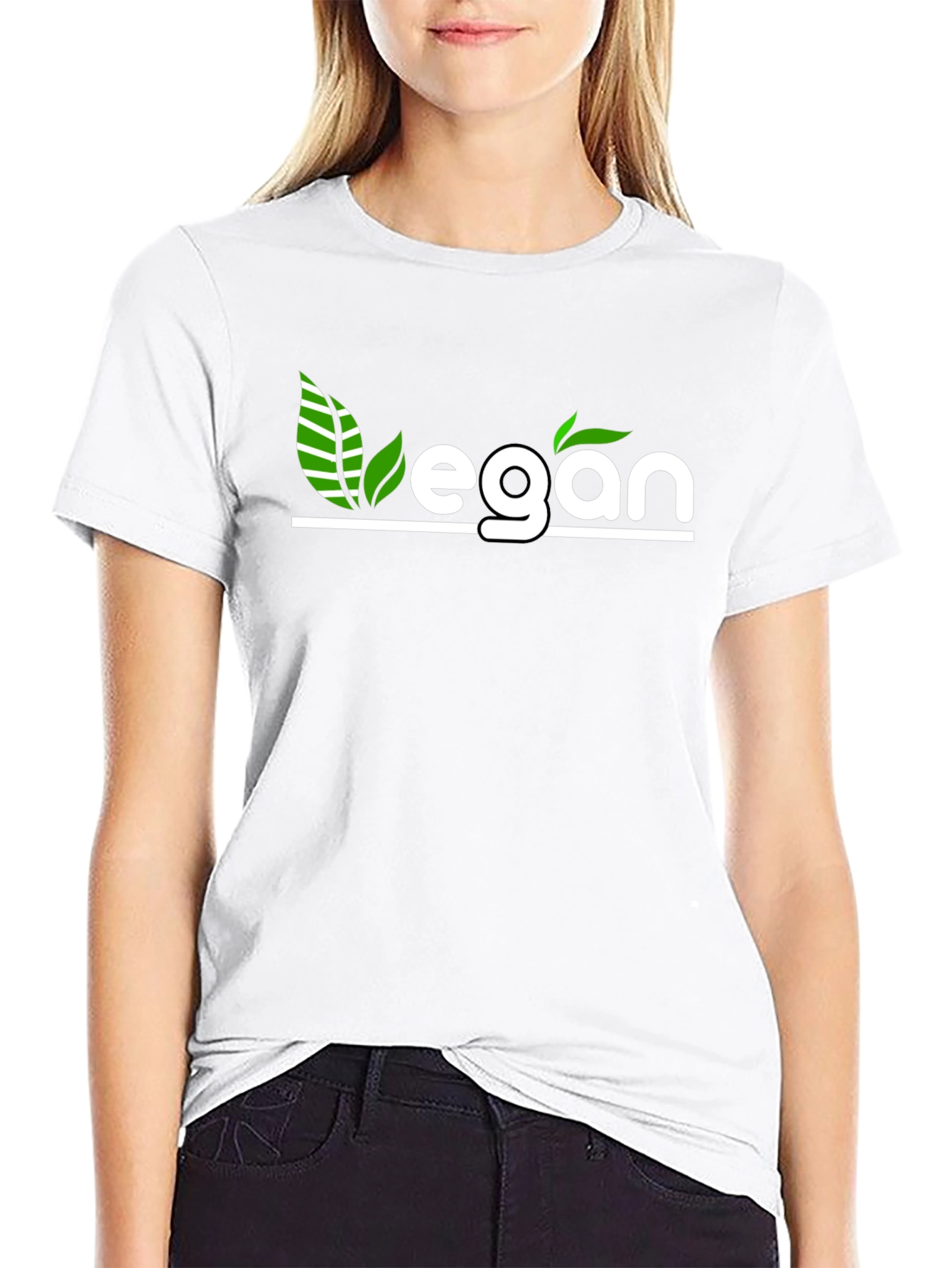 Vegan T-Shirt - Black with Green Leaf Design
