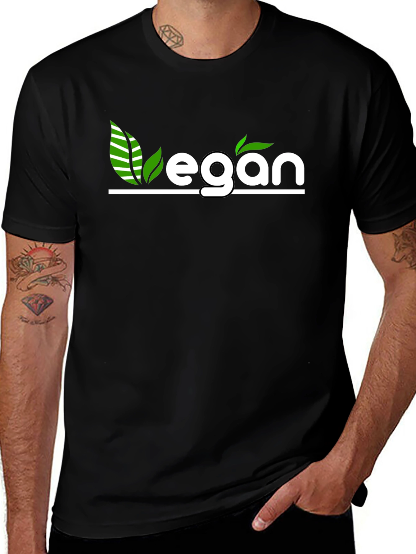 Vegan T-Shirt - Black with Green Leaf Design