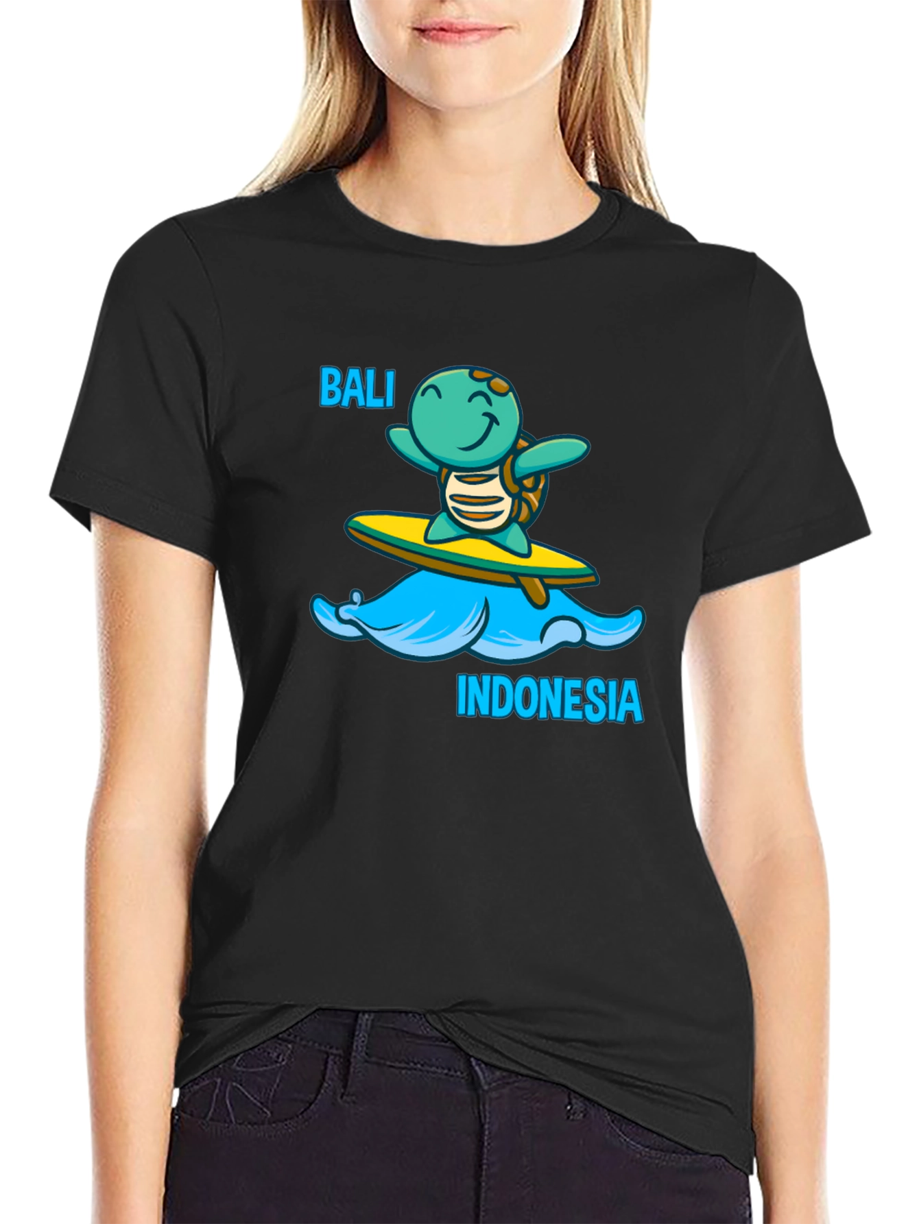 Bali Indonesia Turtle Surfboard Black T-Shirt
