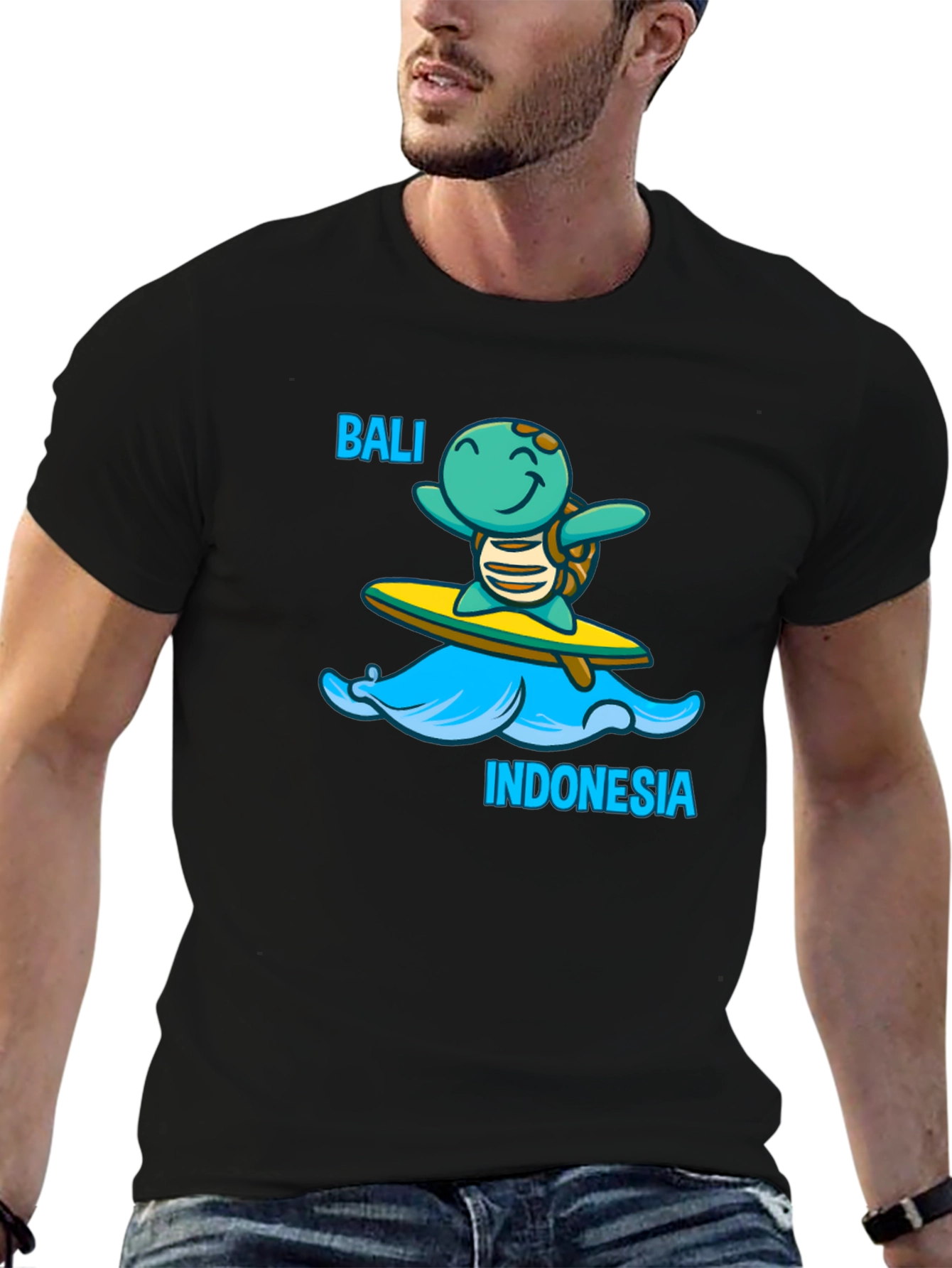 Bali Indonesia Turtle Surfboard Black T-Shirt