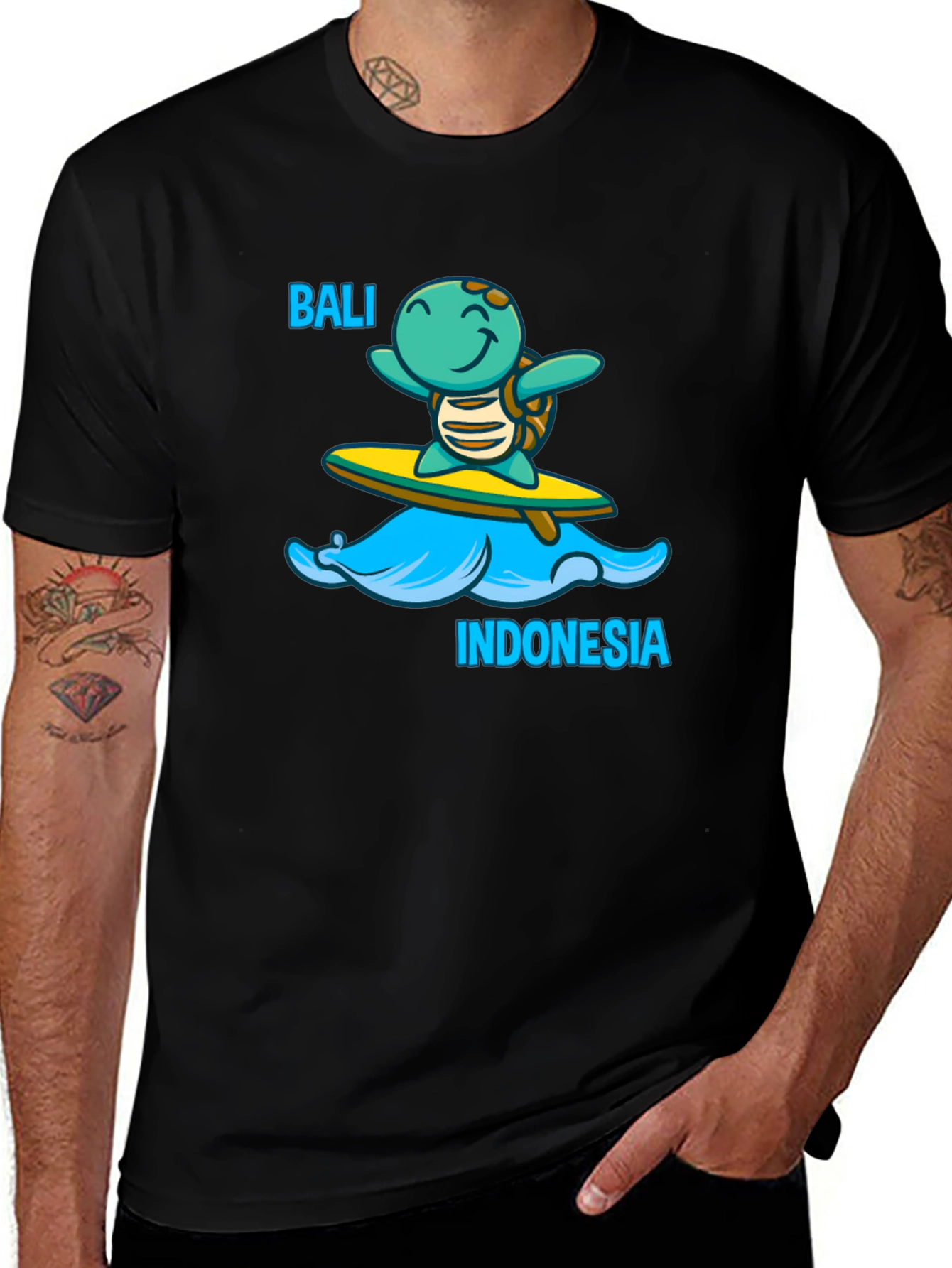 Bali Indonesia Turtle Surfboard Black T-Shirt