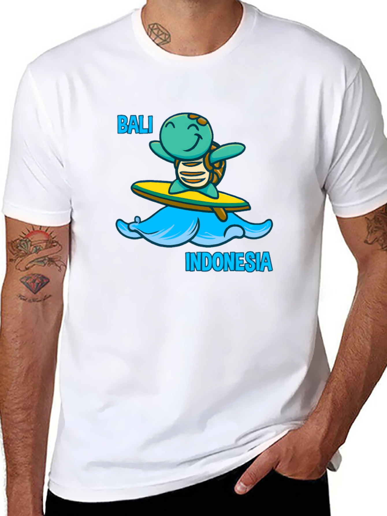 Bali Indonesia Turtle Surfboard Black T-Shirt