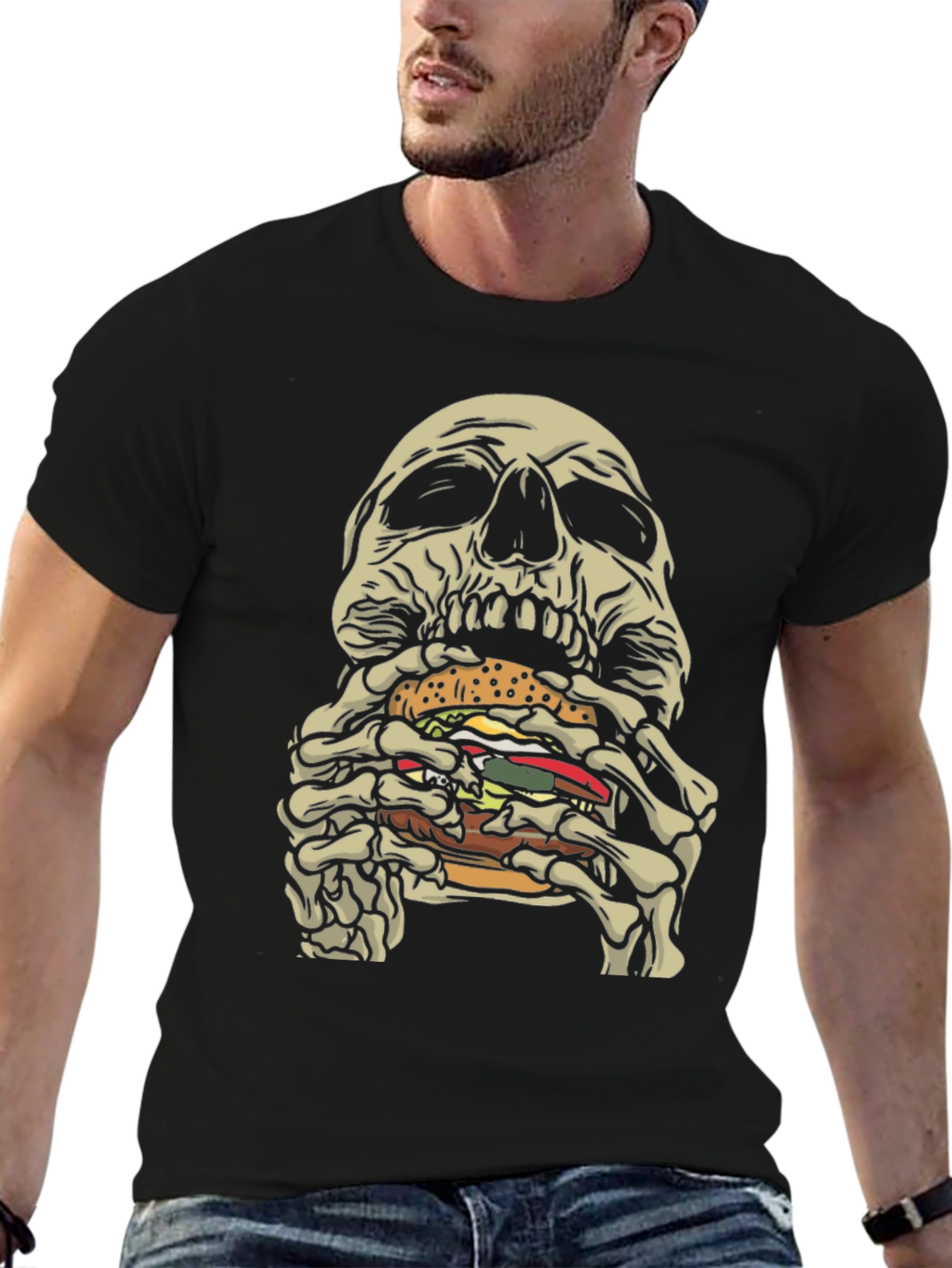 Skull Eating Burger Graphic T-Shirt - Black