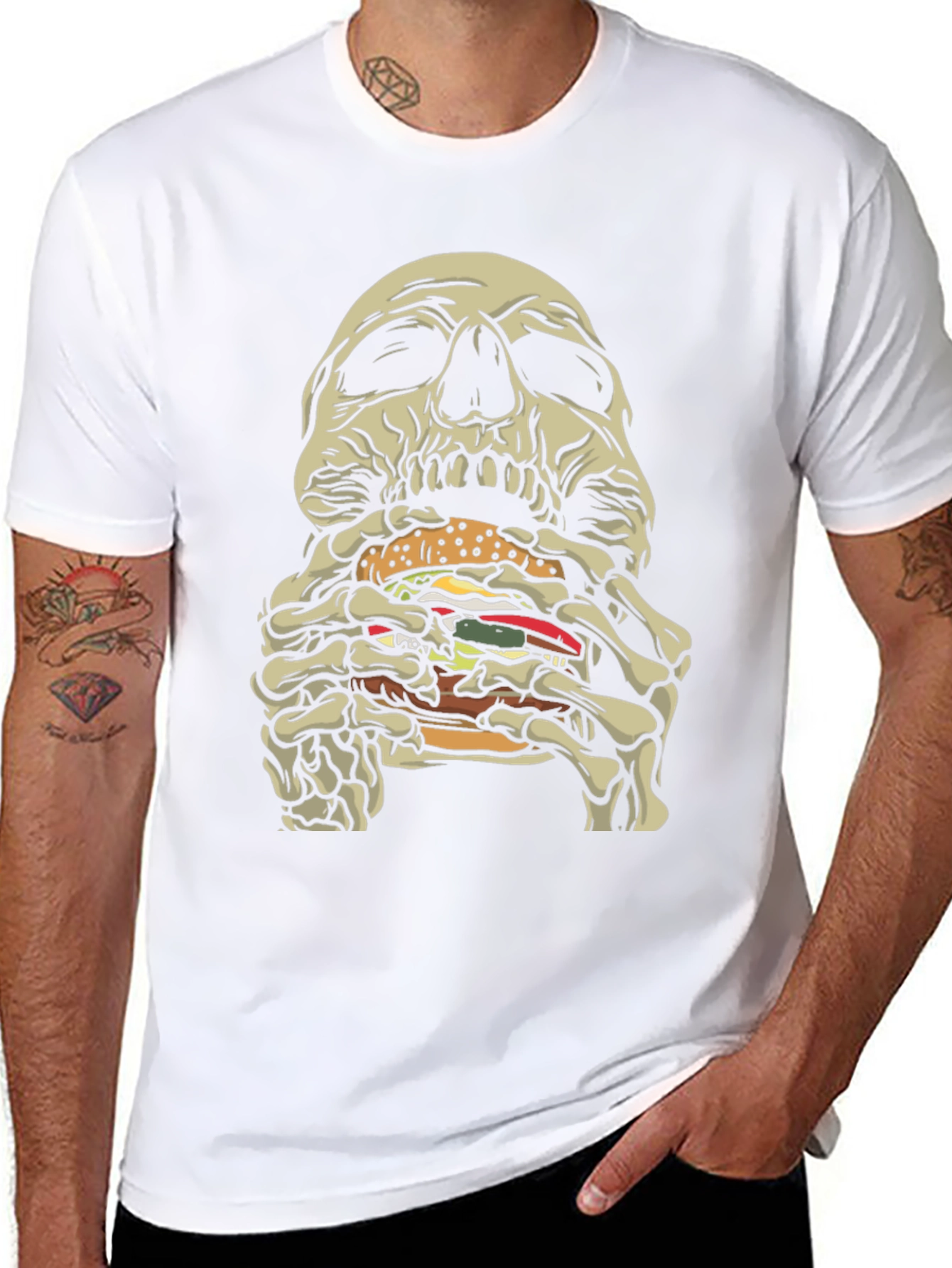 Skull Eating Burger Graphic T-Shirt - Black