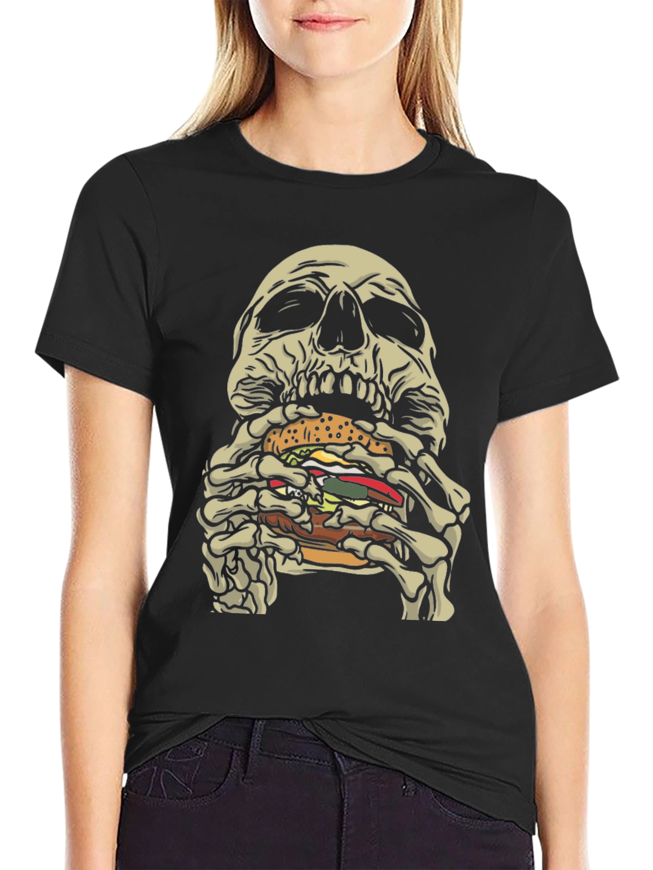 Skull Eating Burger Graphic T-Shirt - Black