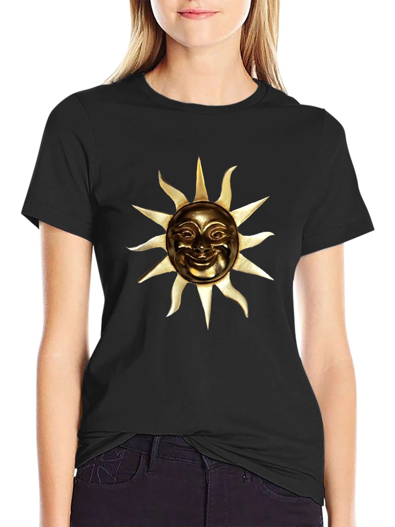 Golden Sun Face Graphic Black T-Shirt