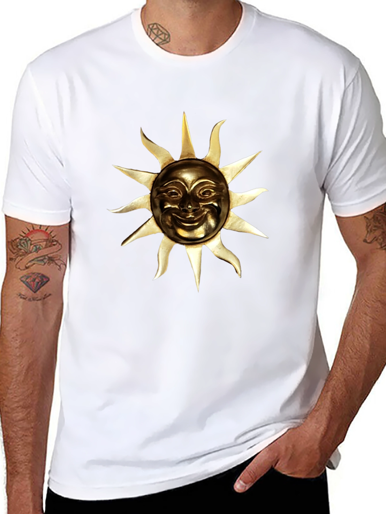 Golden Sun Face Graphic Black T-Shirt