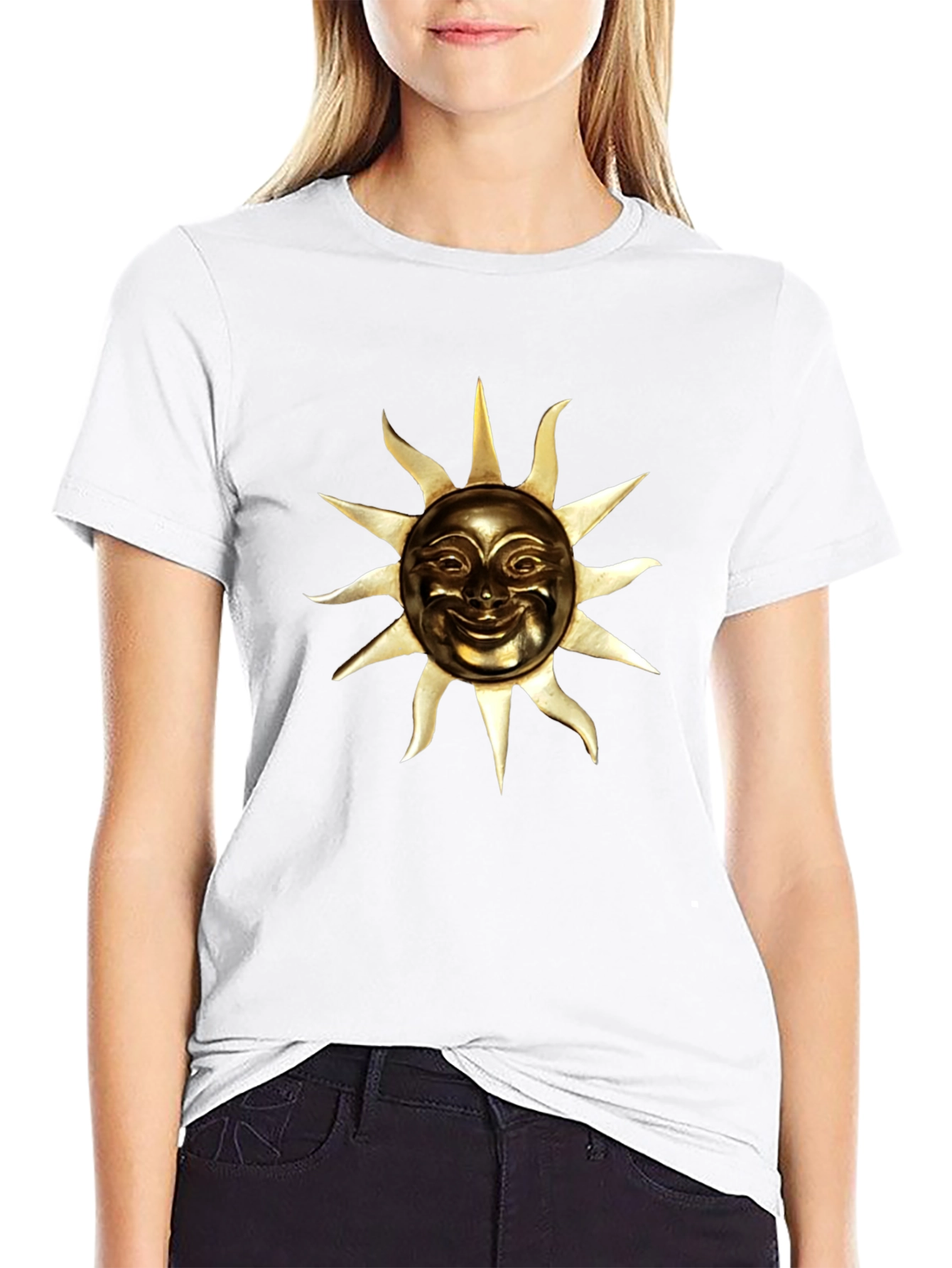 Golden Sun Face Graphic Black T-Shirt
