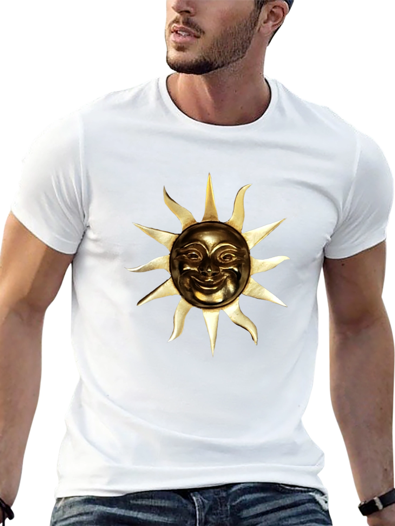 Golden Sun Face Graphic Black T-Shirt