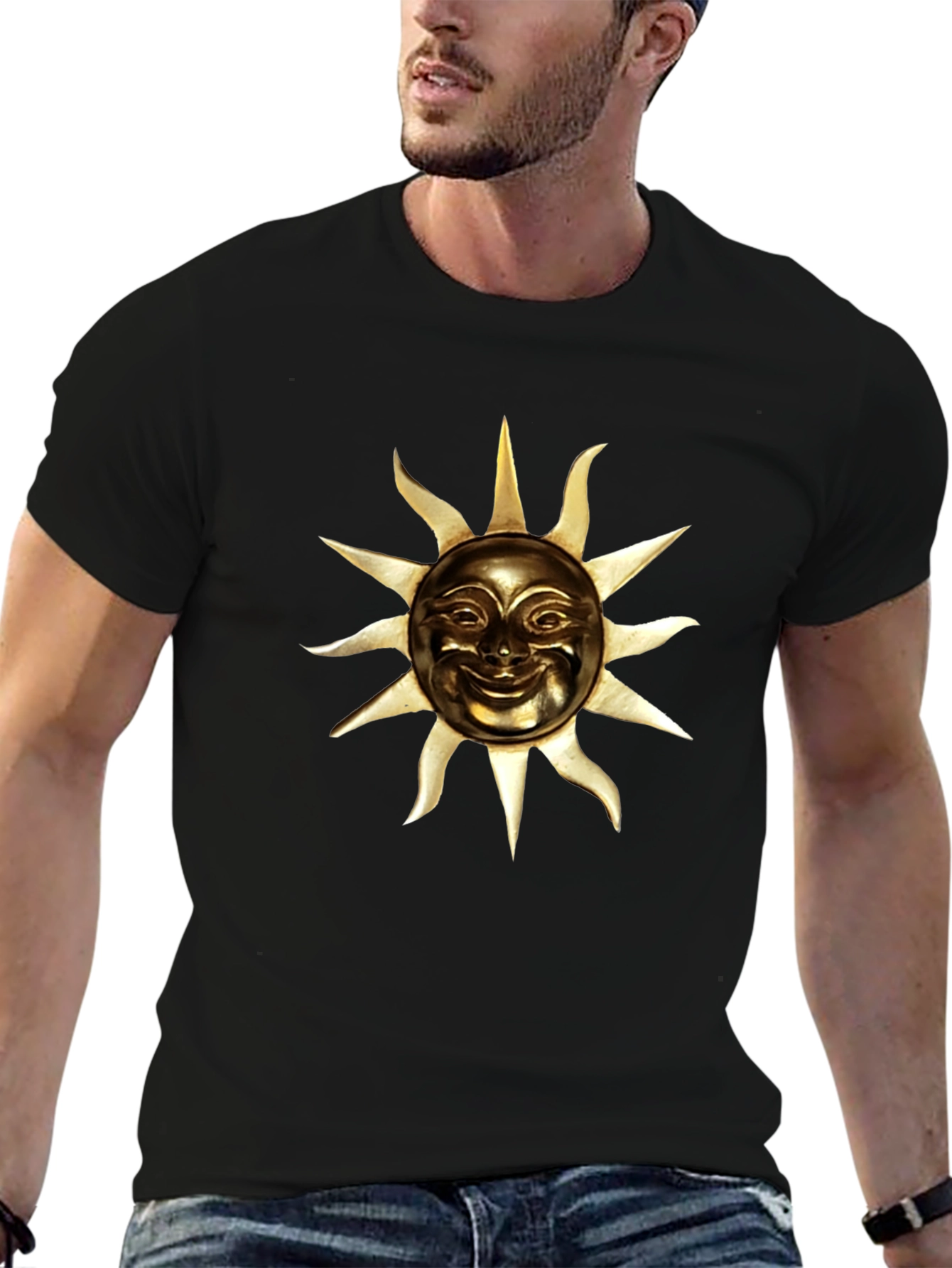 Golden Sun Face Graphic Black T-Shirt