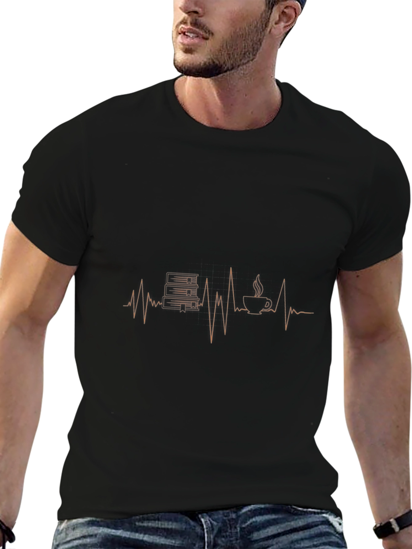 Book & Coffee Heartbeat T-Shirt - Black