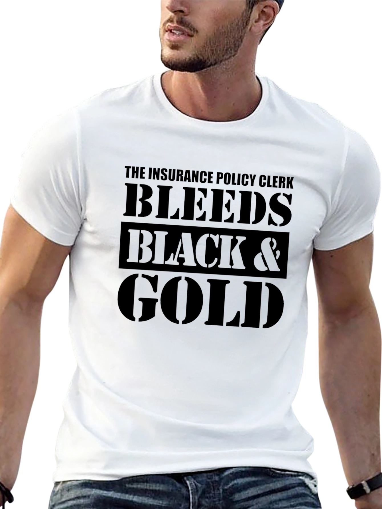 Insurance Policy Clerk Bleeds Black & Gold T-Shirt