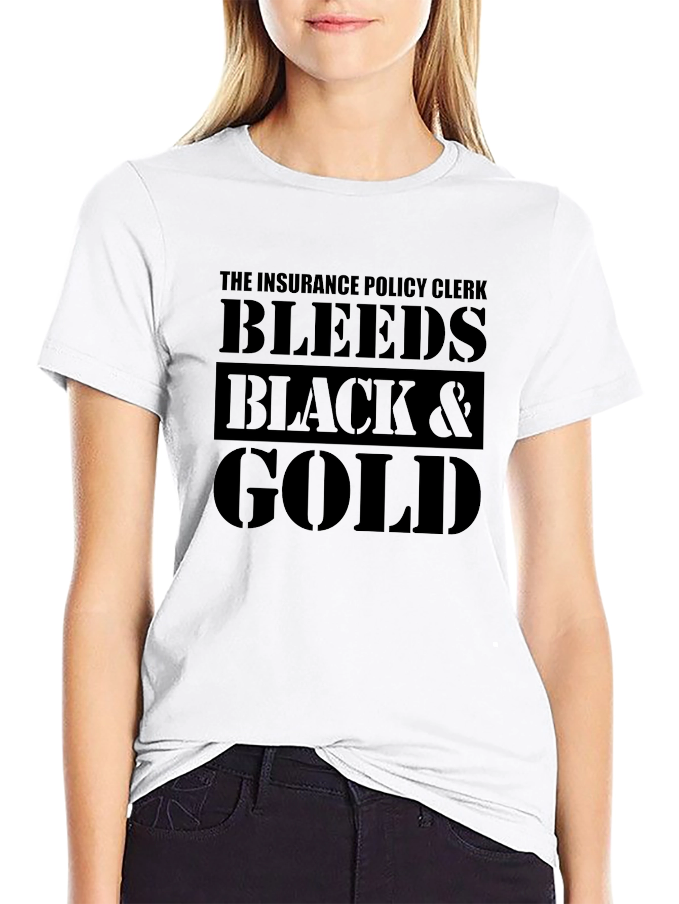 Insurance Policy Clerk Bleeds Black & Gold T-Shirt