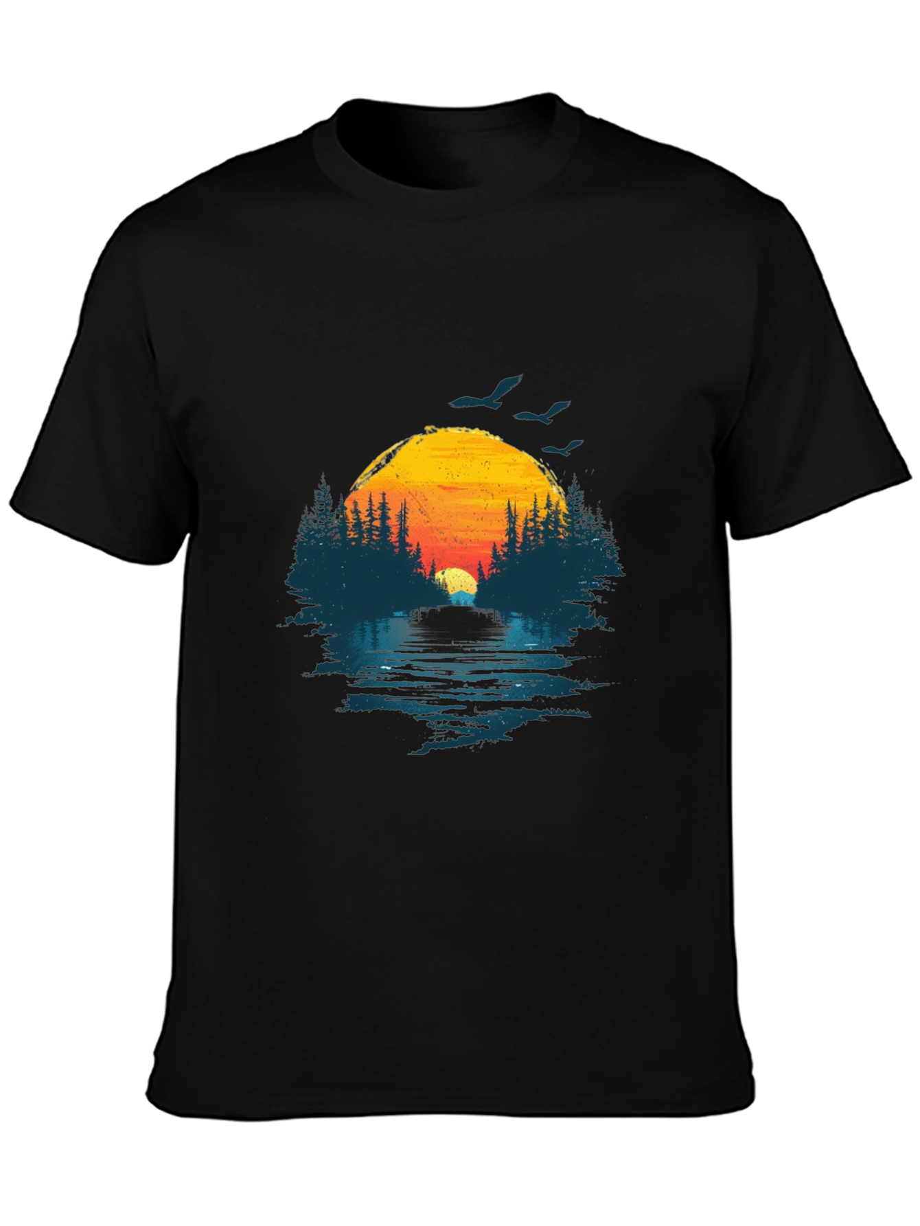 Sunset Lake Graphic Tee - Nature Design Black T-Shirt