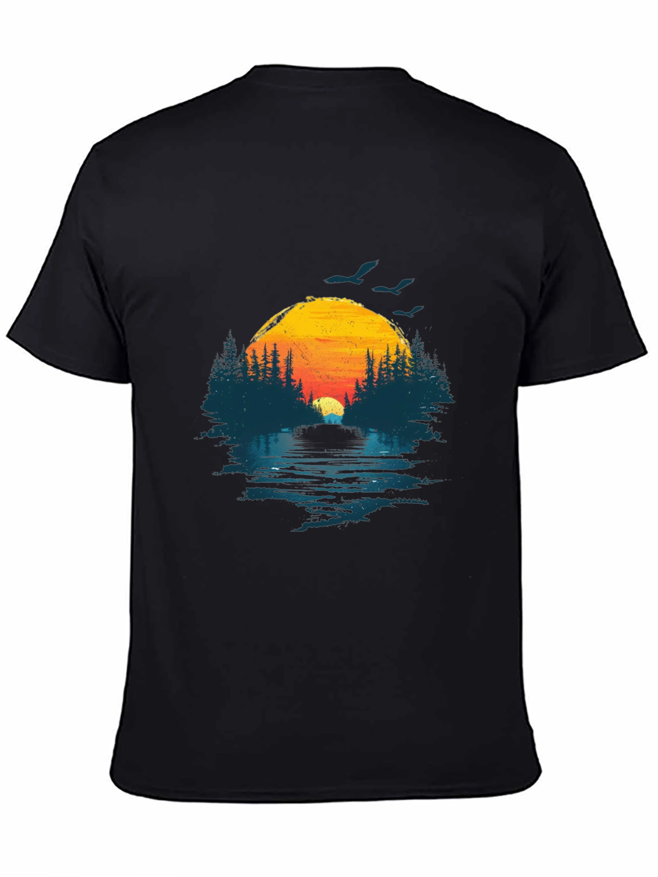 Sunset Lake Graphic Tee - Nature Design Black T-Shirt