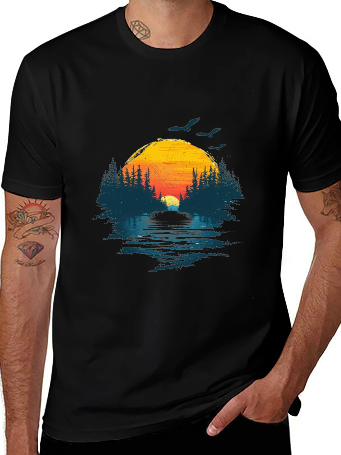 Sunset Lake Graphic Tee - Nature Design Black T-Shirt