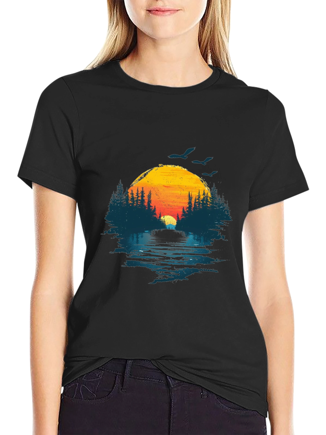 Sunset Lake Graphic Tee - Nature Design Black T-Shirt