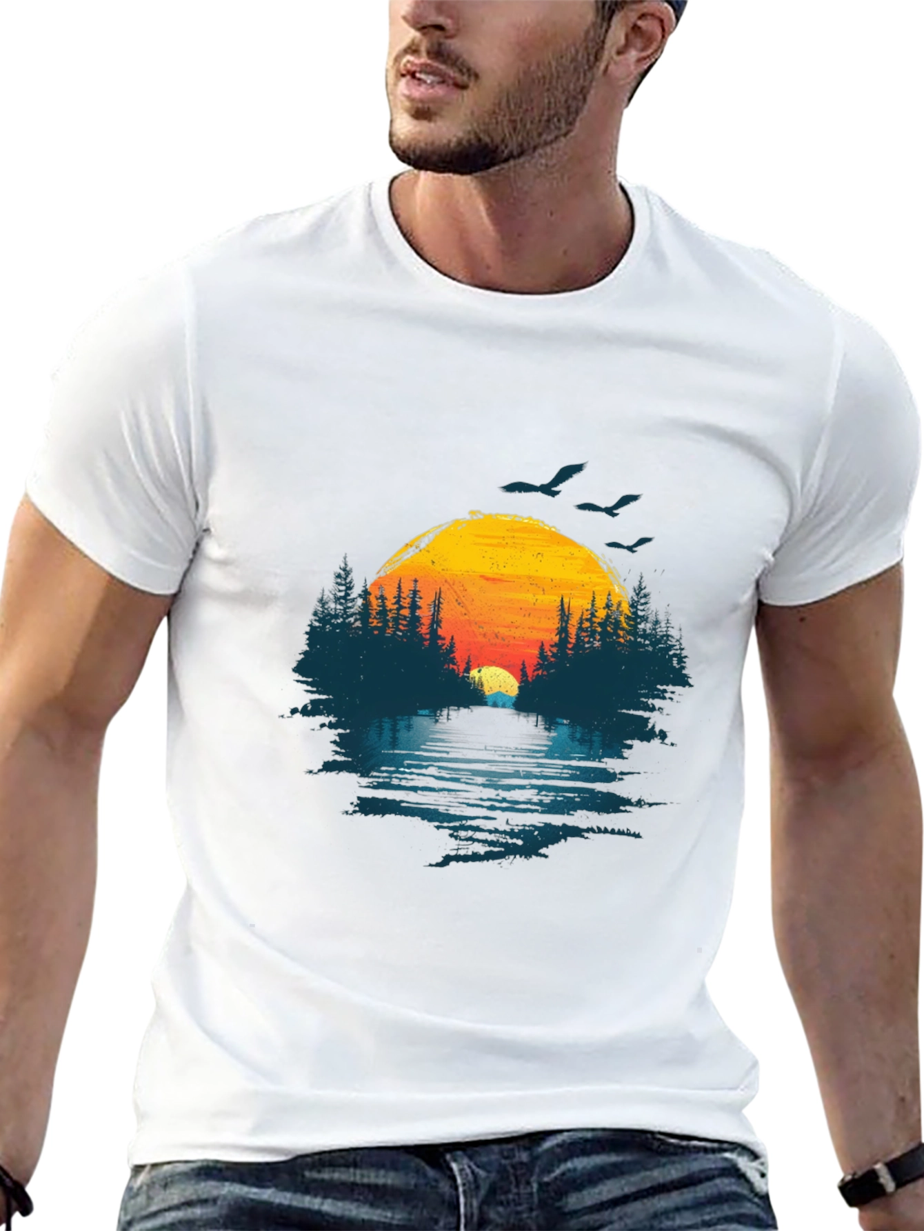 Sunset Lake Graphic Tee - Nature Design Black T-Shirt