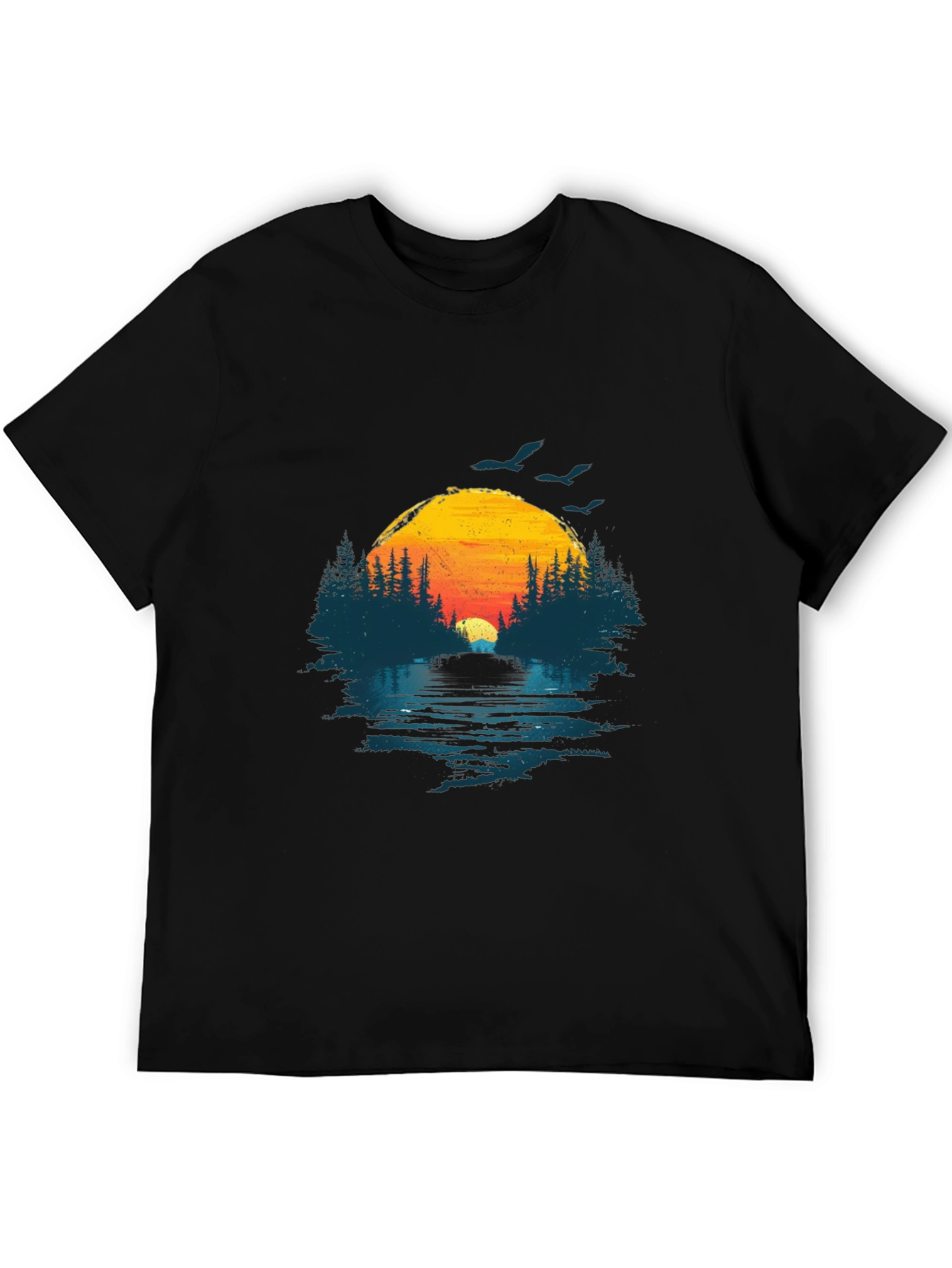 Sunset Lake Graphic Tee - Nature Design Black T-Shirt