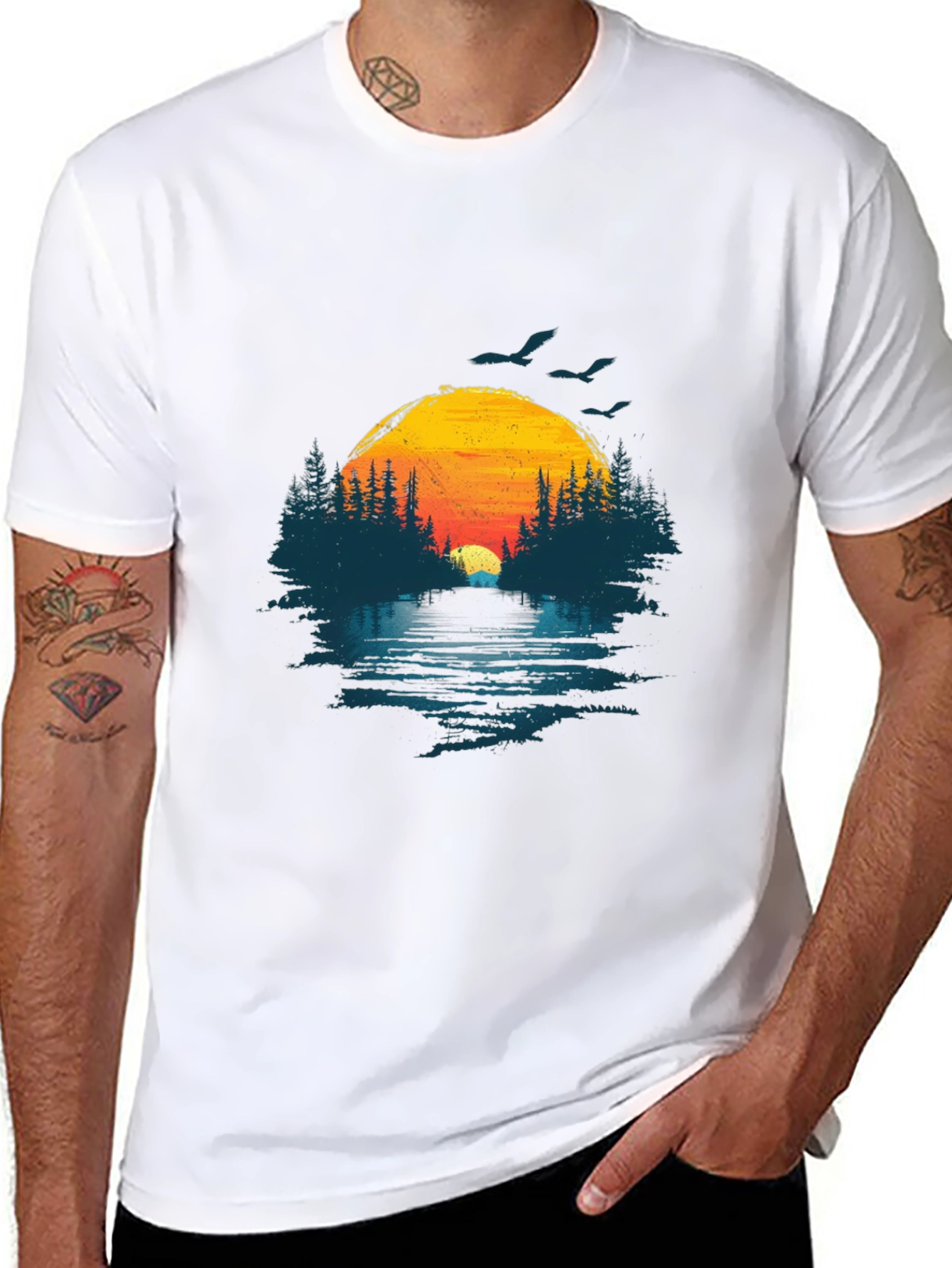 Sunset Lake Graphic Tee - Nature Design Black T-Shirt