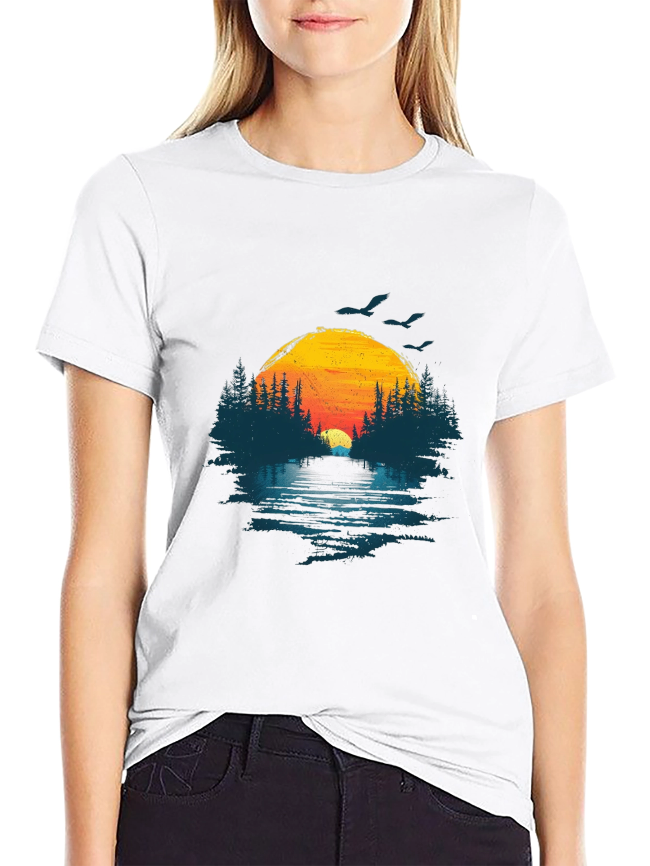 Sunset Lake Graphic Tee - Nature Design Black T-Shirt