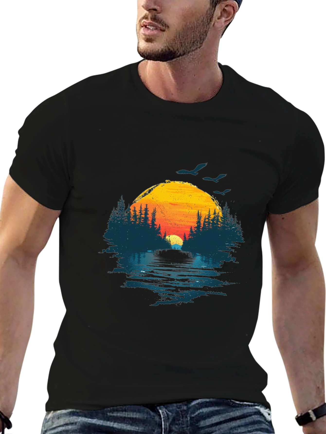 Sunset Lake Graphic Tee - Nature Design Black T-Shirt