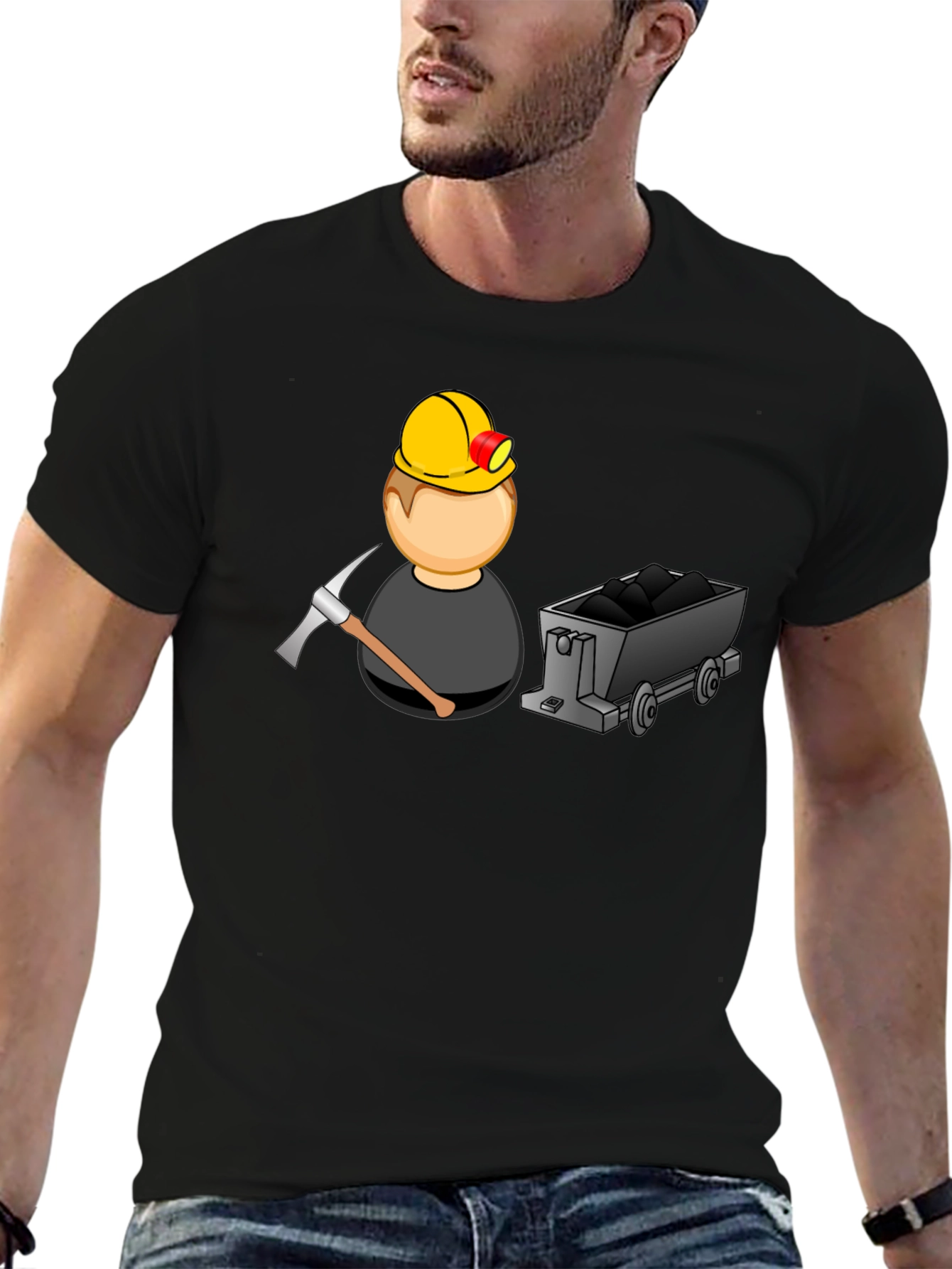 Cartoon Miner Graphic Tee - Black Cotton T-Shirt