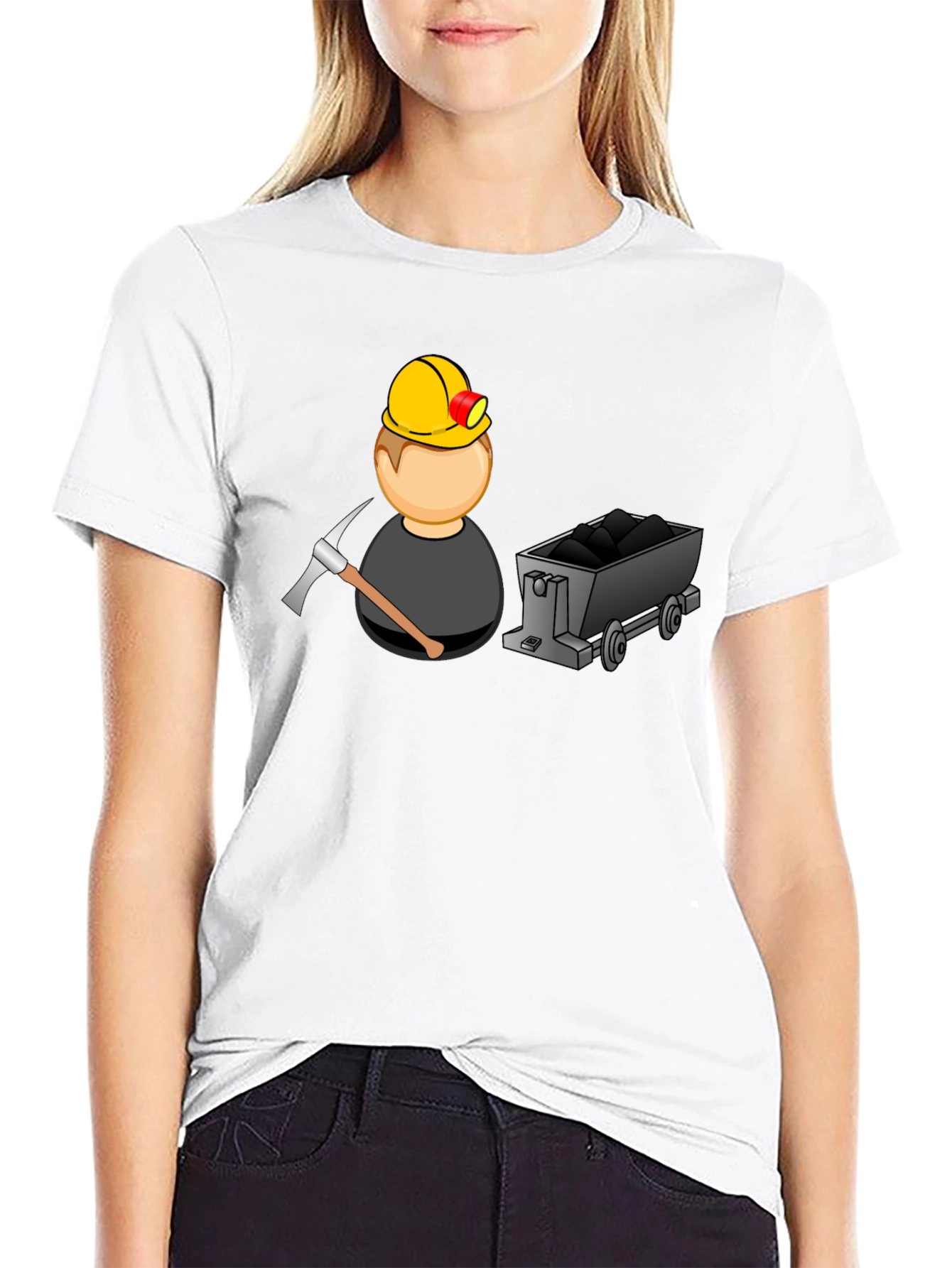 Cartoon Miner Graphic Tee - Black Cotton T-Shirt