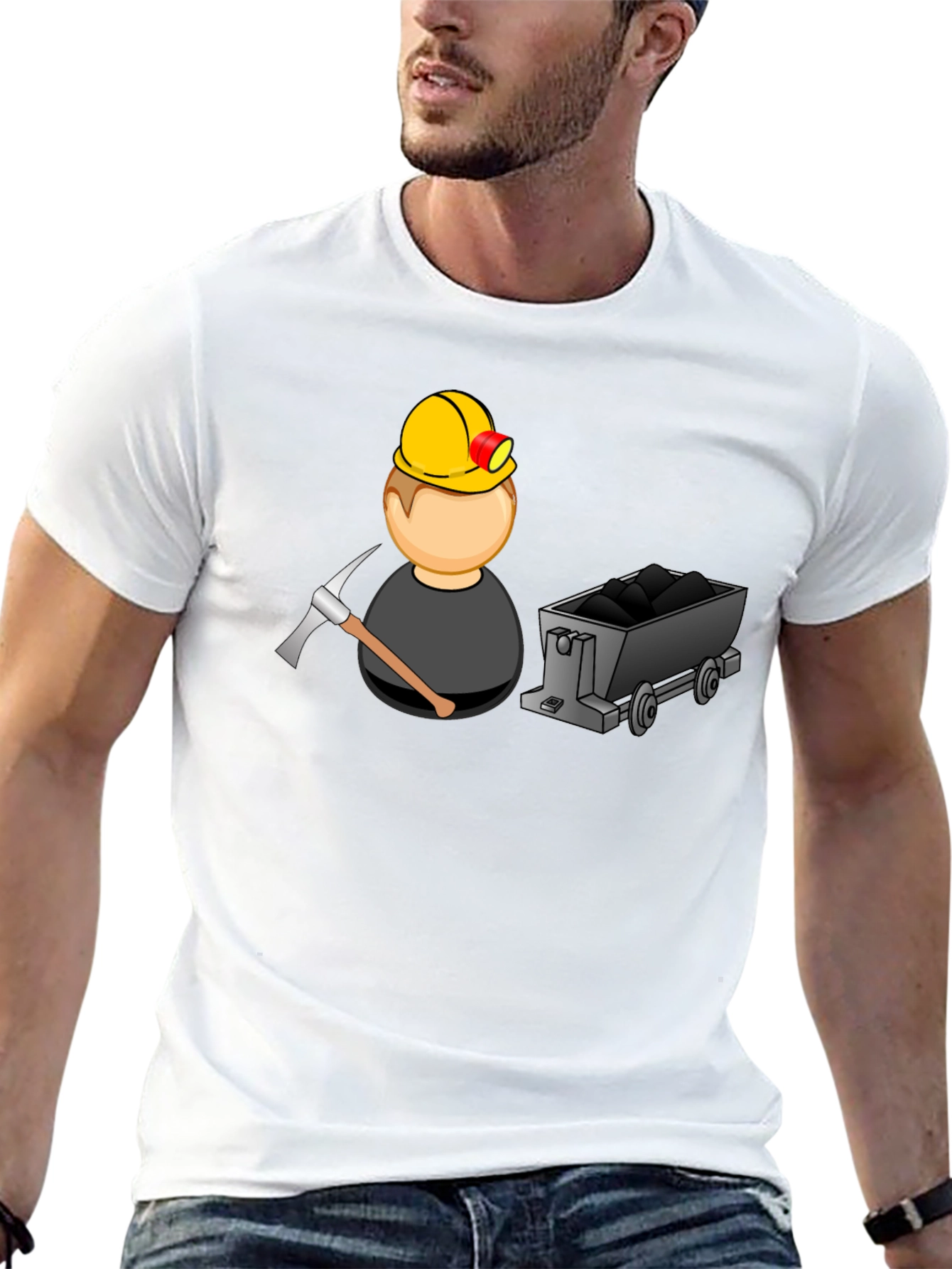 Cartoon Miner Graphic Tee - Black Cotton T-Shirt