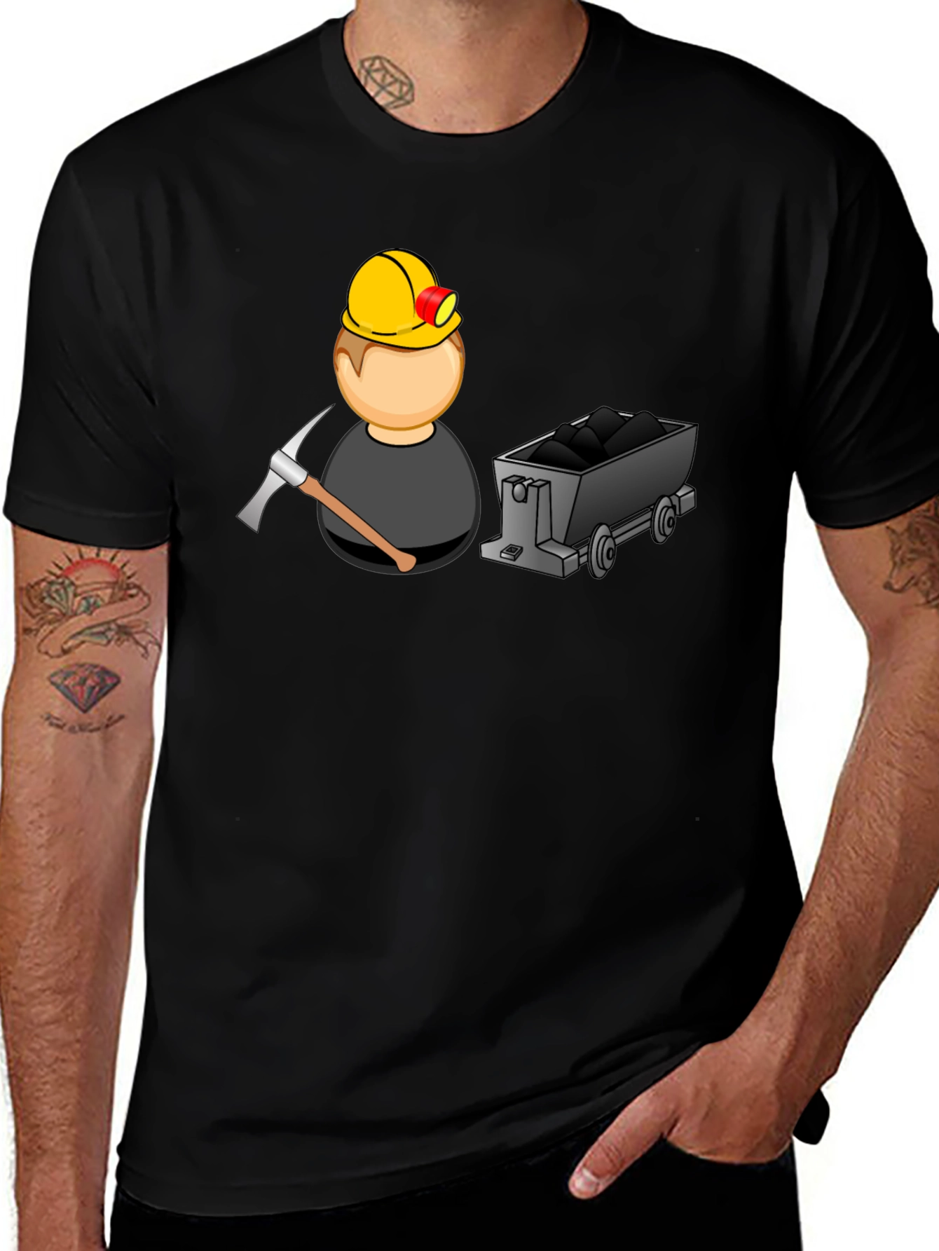 Cartoon Miner Graphic Tee - Black Cotton T-Shirt