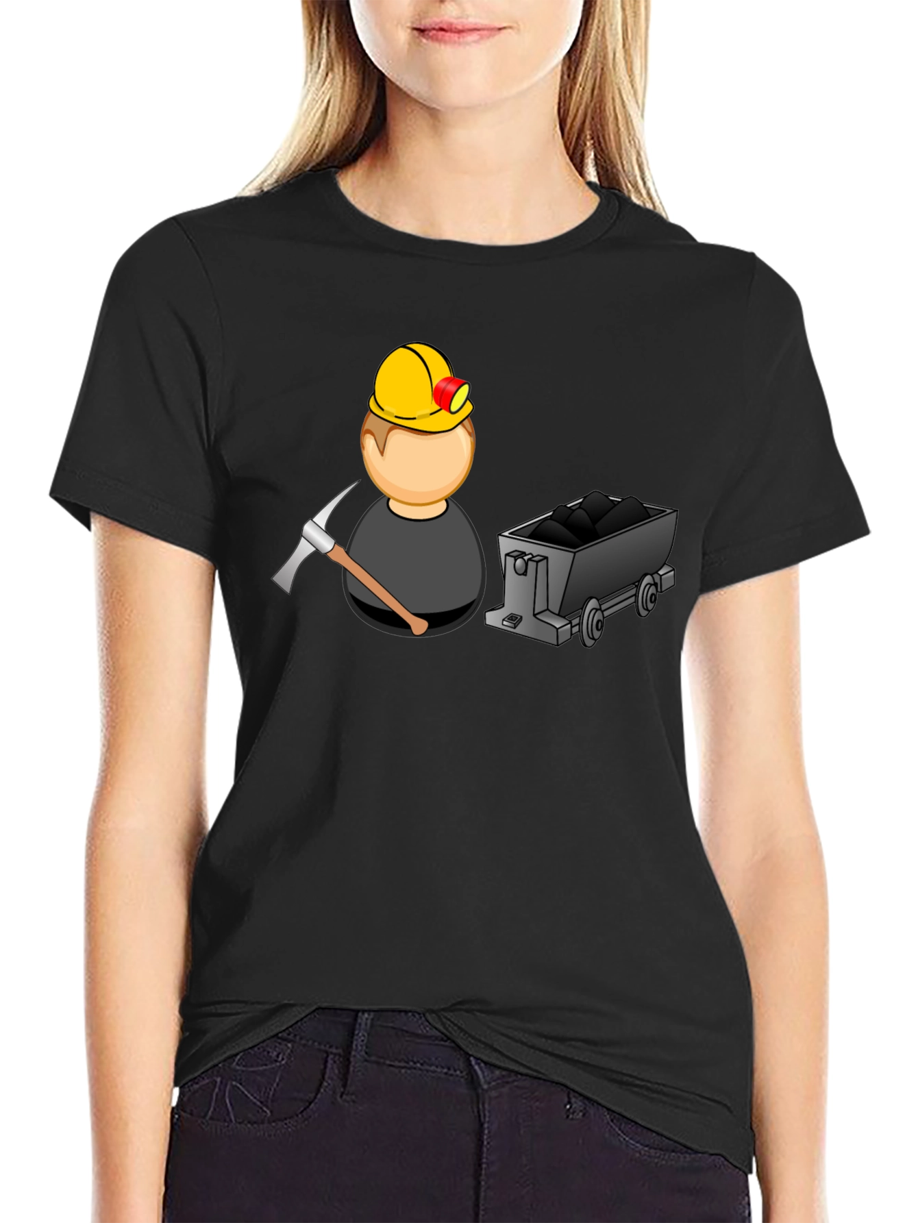 Cartoon Miner Graphic Tee - Black Cotton T-Shirt